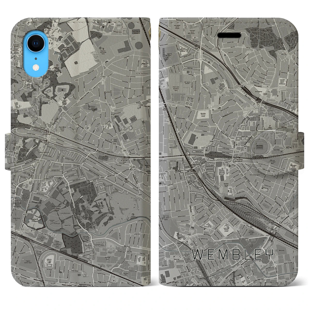 【ウェンブリー(イギリス)】地図柄iPhoneケース(手帳タイプ)モノトーン・iPhone XR 用