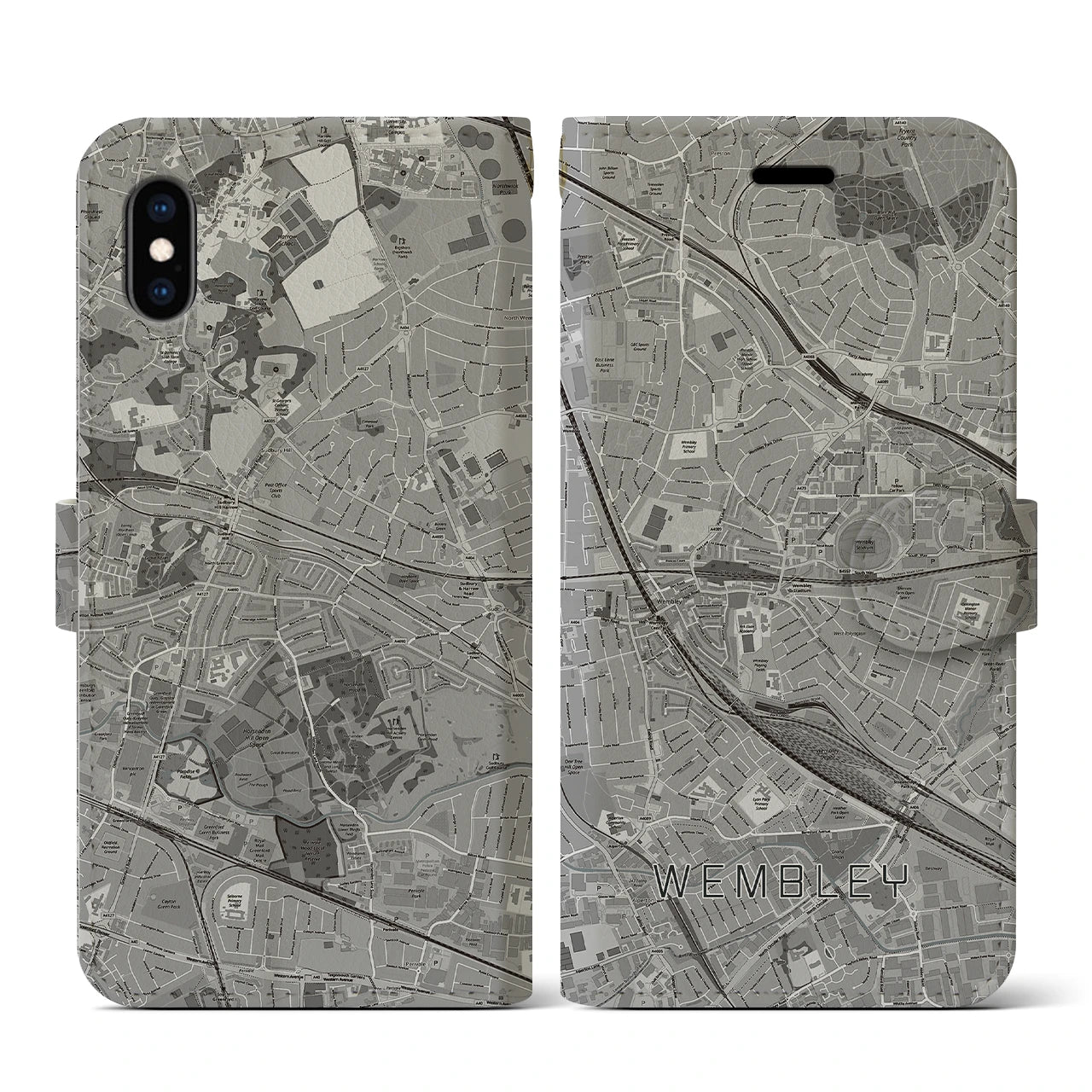 【ウェンブリー(イギリス)】地図柄iPhoneケース(手帳タイプ)モノトーン・iPhone XS / X 用