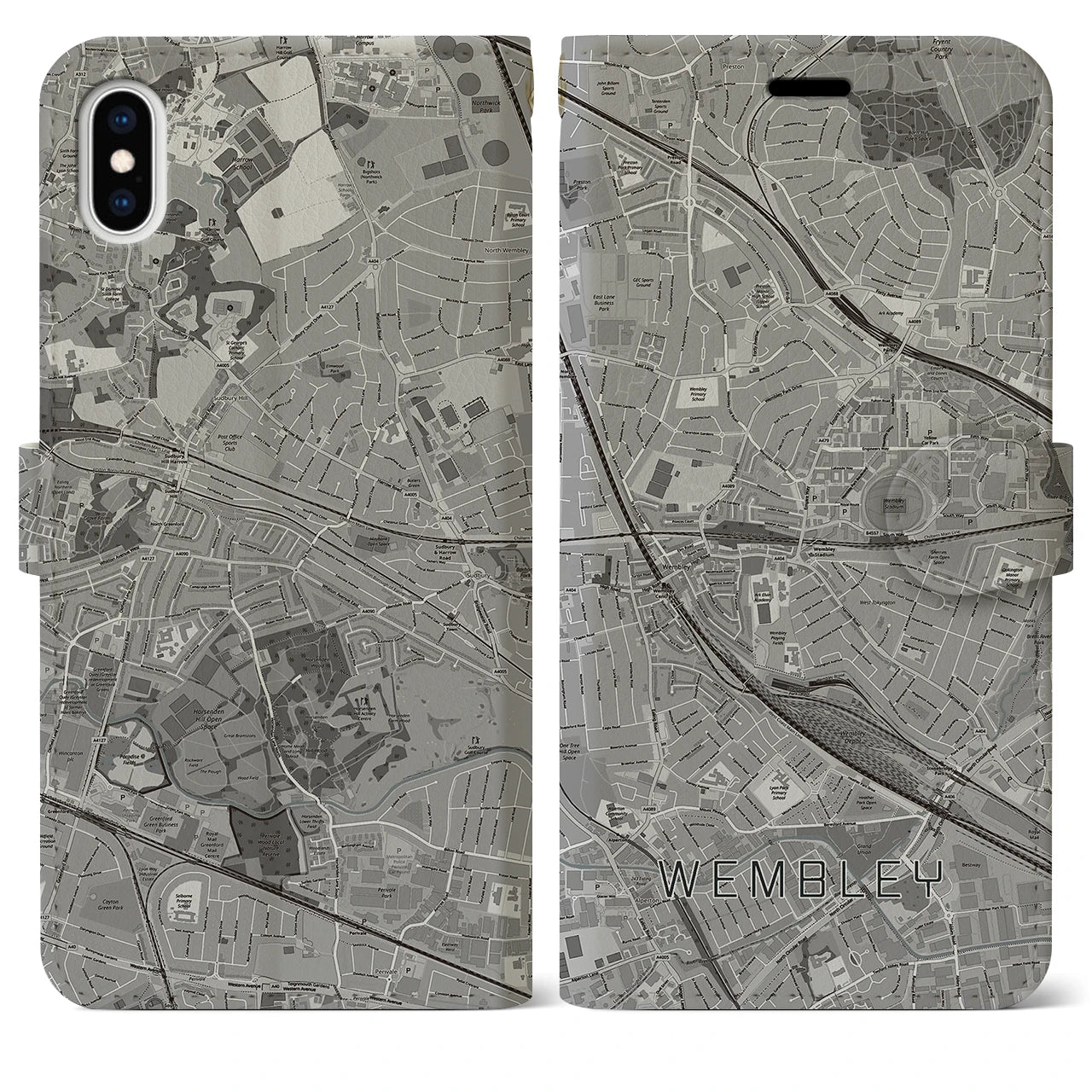 【ウェンブリー(イギリス)】地図柄iPhoneケース(手帳タイプ)モノトーン・iPhone XS Max 用