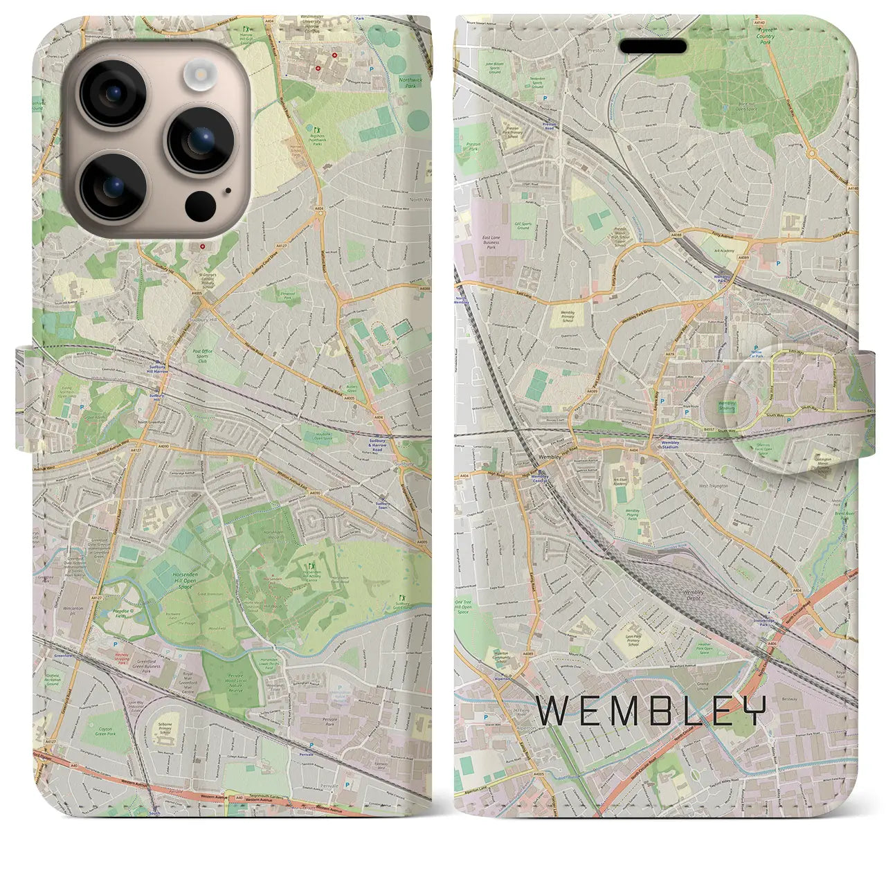 【ウェンブリー(イギリス)】地図柄iPhoneケース(手帳タイプ)ナチュラル・iPhone 16 Plus 用