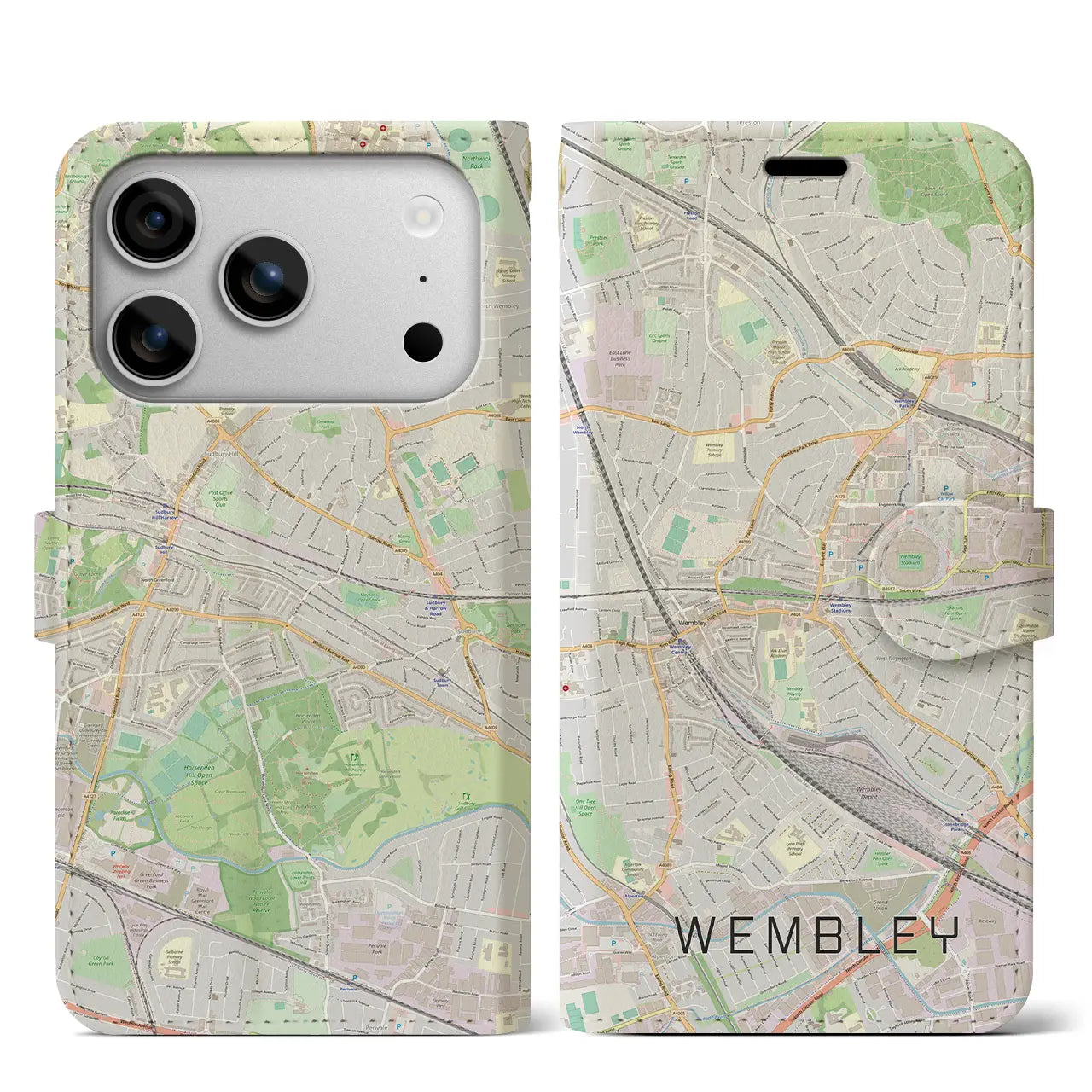 【ウェンブリー(イギリス)】地図柄iPhoneケース(手帳タイプ)モノトーン・iPhone 17 Pro Max 用