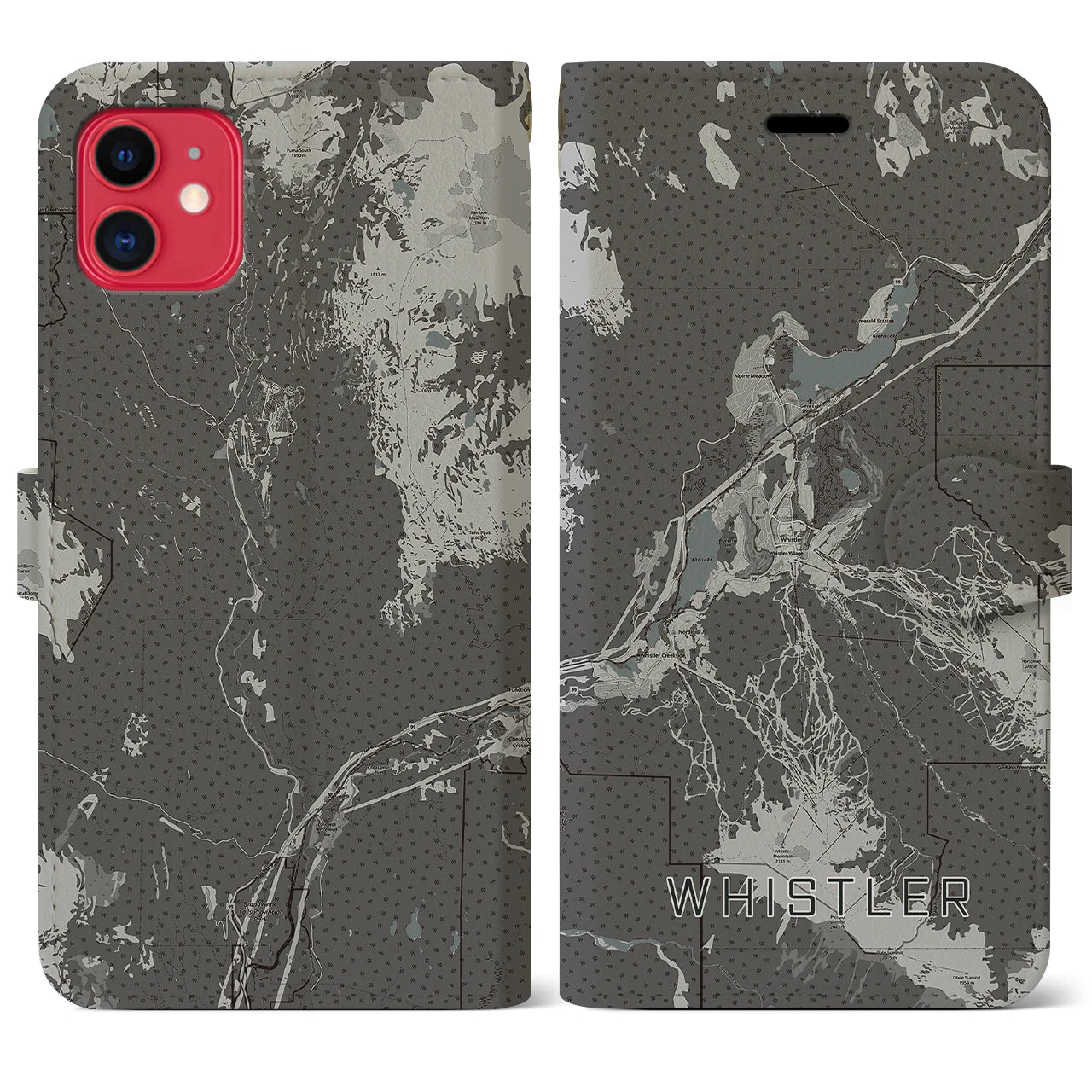 【ウィスラー(カナダ)】地図柄iPhoneケース(手帳タイプ)モノトーン・iPhone 11 用