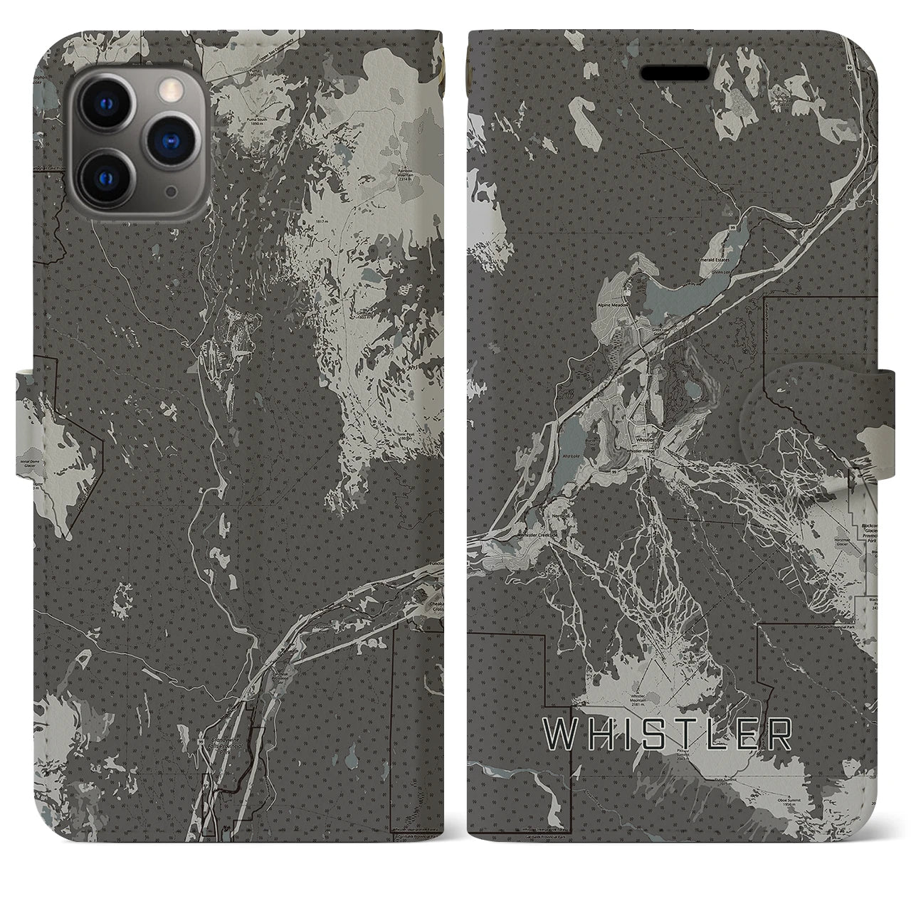 【ウィスラー(カナダ)】地図柄iPhoneケース(手帳タイプ)モノトーン・iPhone 11 Pro Max 用