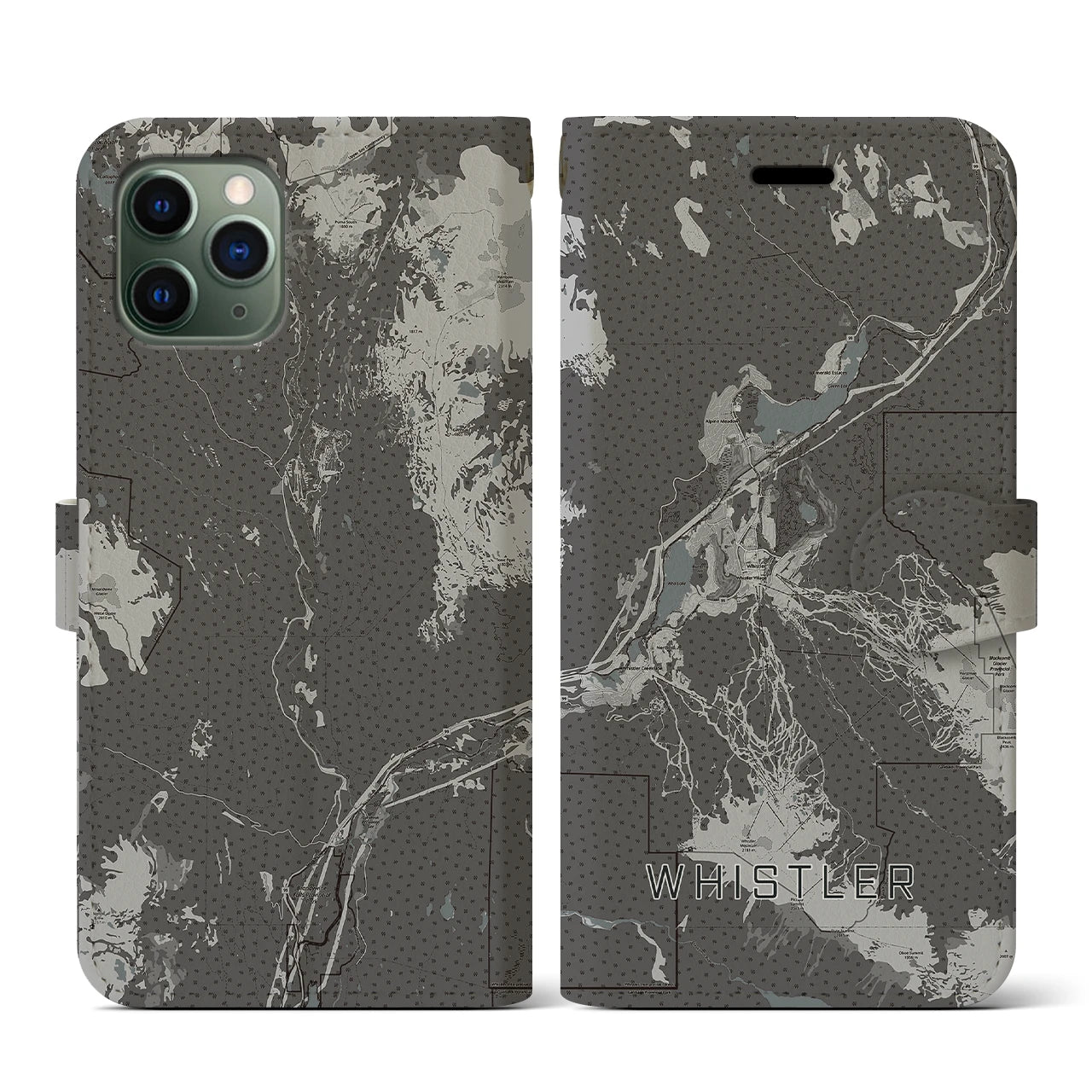 【ウィスラー(カナダ)】地図柄iPhoneケース(手帳タイプ)モノトーン・iPhone 11 Pro 用