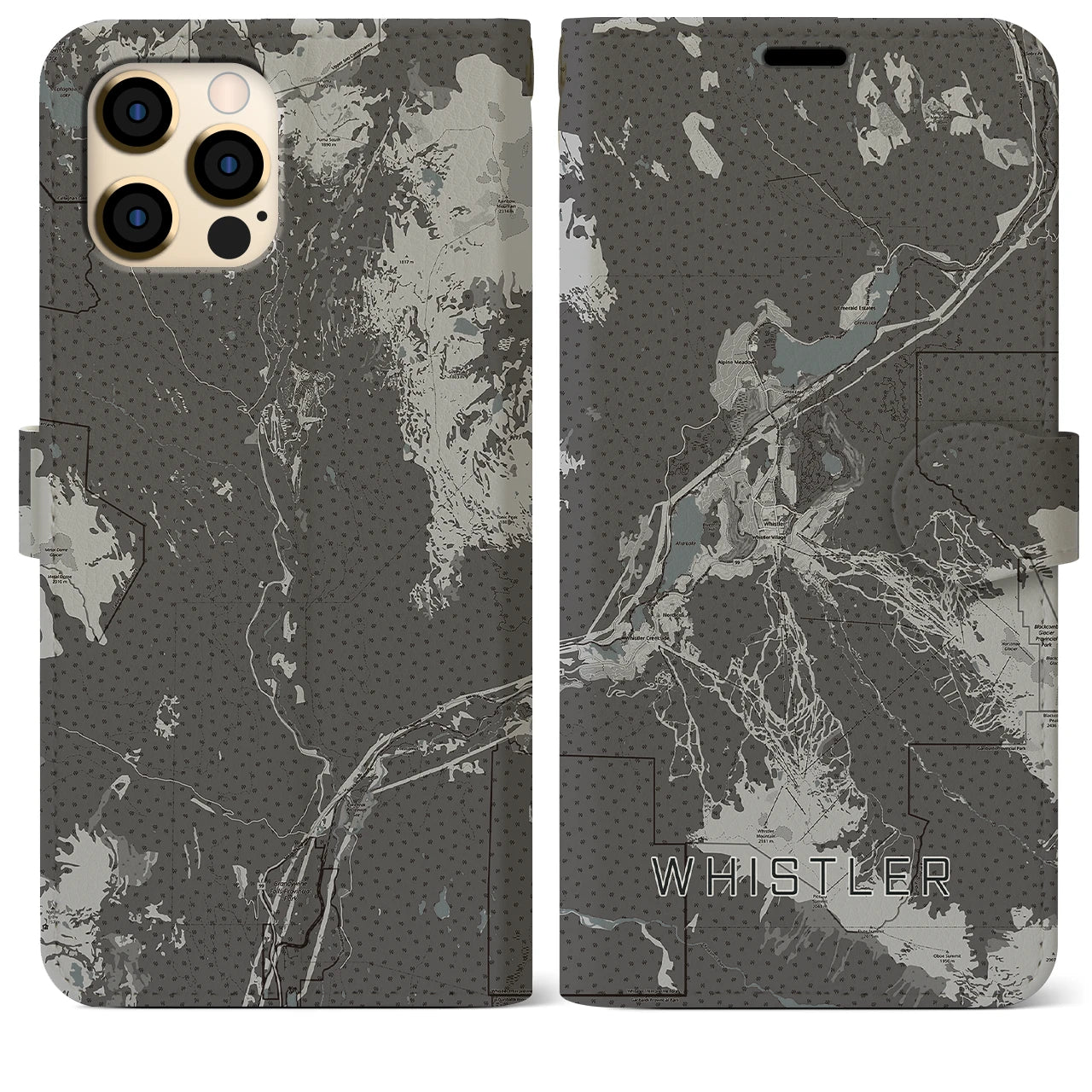 【ウィスラー(カナダ)】地図柄iPhoneケース(手帳タイプ)モノトーン・iPhone 12 Pro Max 用