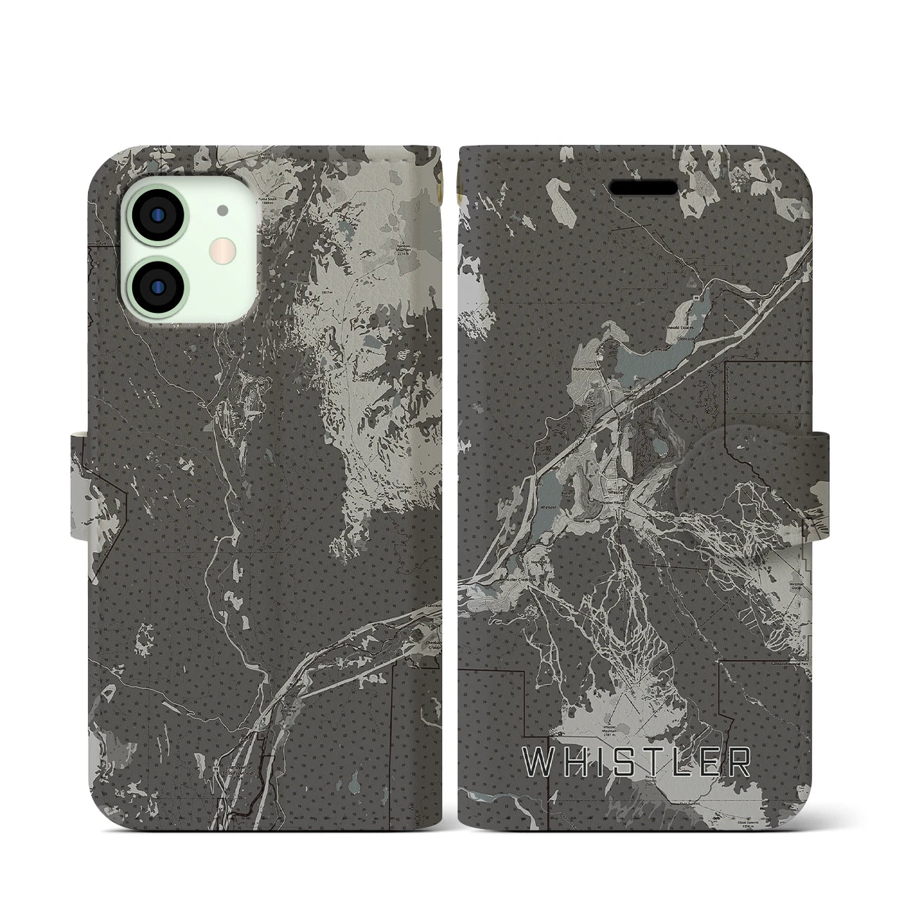 【ウィスラー(カナダ)】地図柄iPhoneケース(手帳タイプ)モノトーン・iPhone 12 mini 用