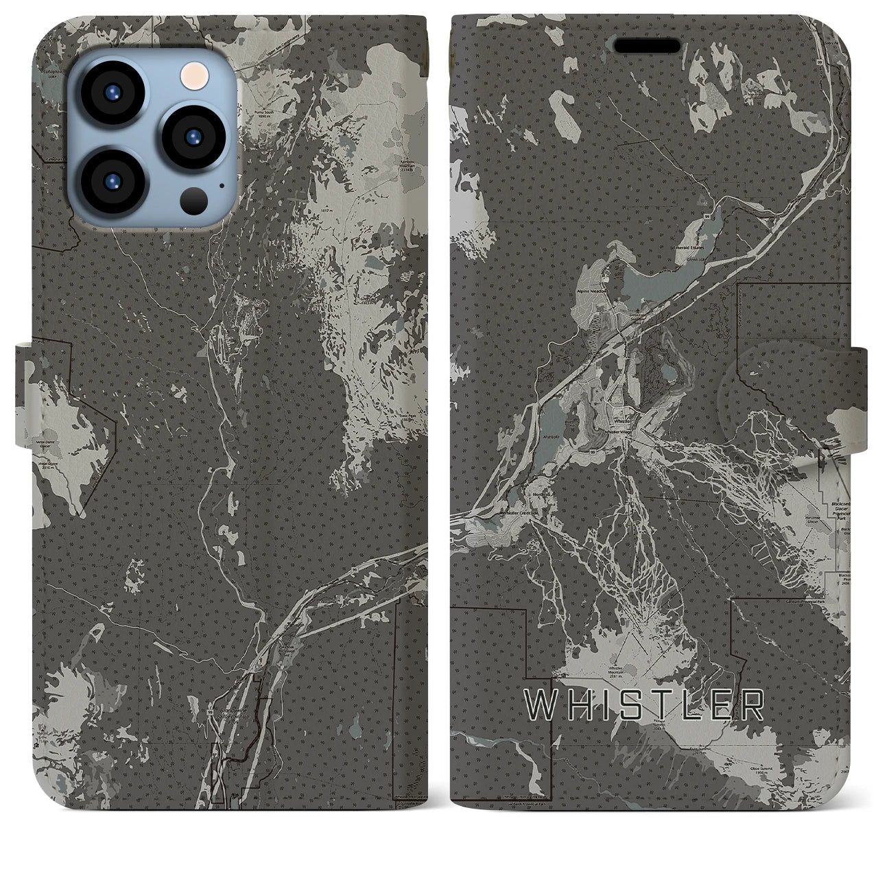 【ウィスラー(カナダ)】地図柄iPhoneケース(手帳タイプ)モノトーン・iPhone 13 Pro Max 用