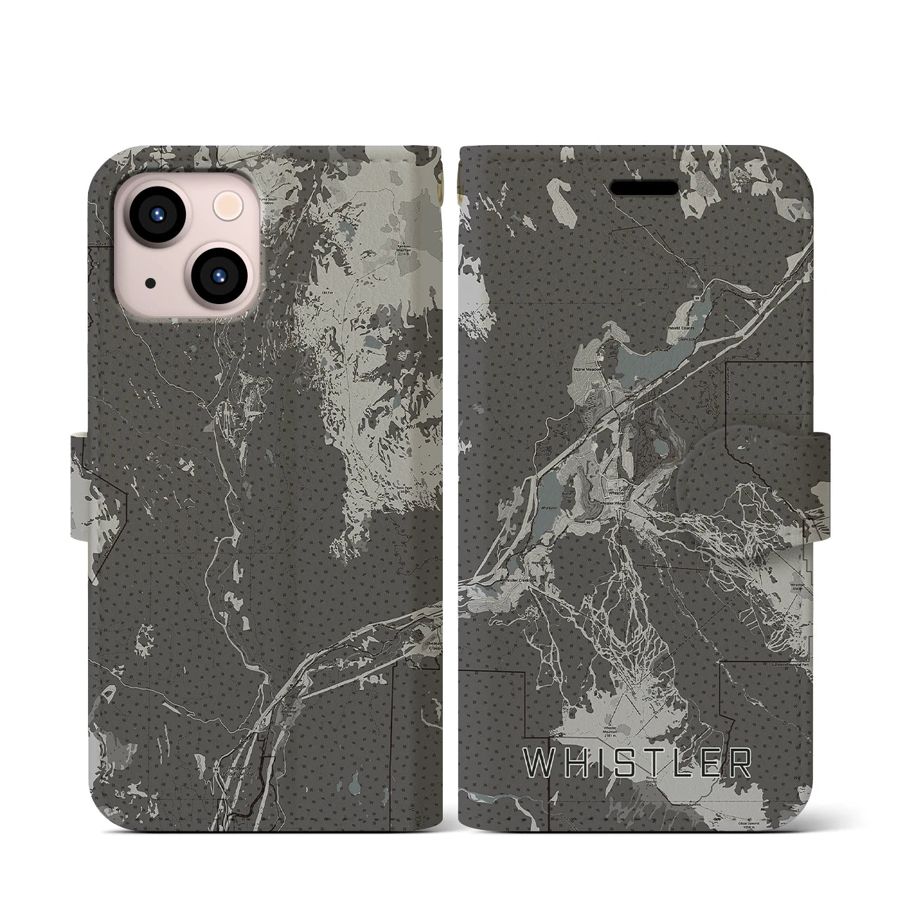【ウィスラー(カナダ)】地図柄iPhoneケース(手帳タイプ)モノトーン・iPhone 13 mini 用