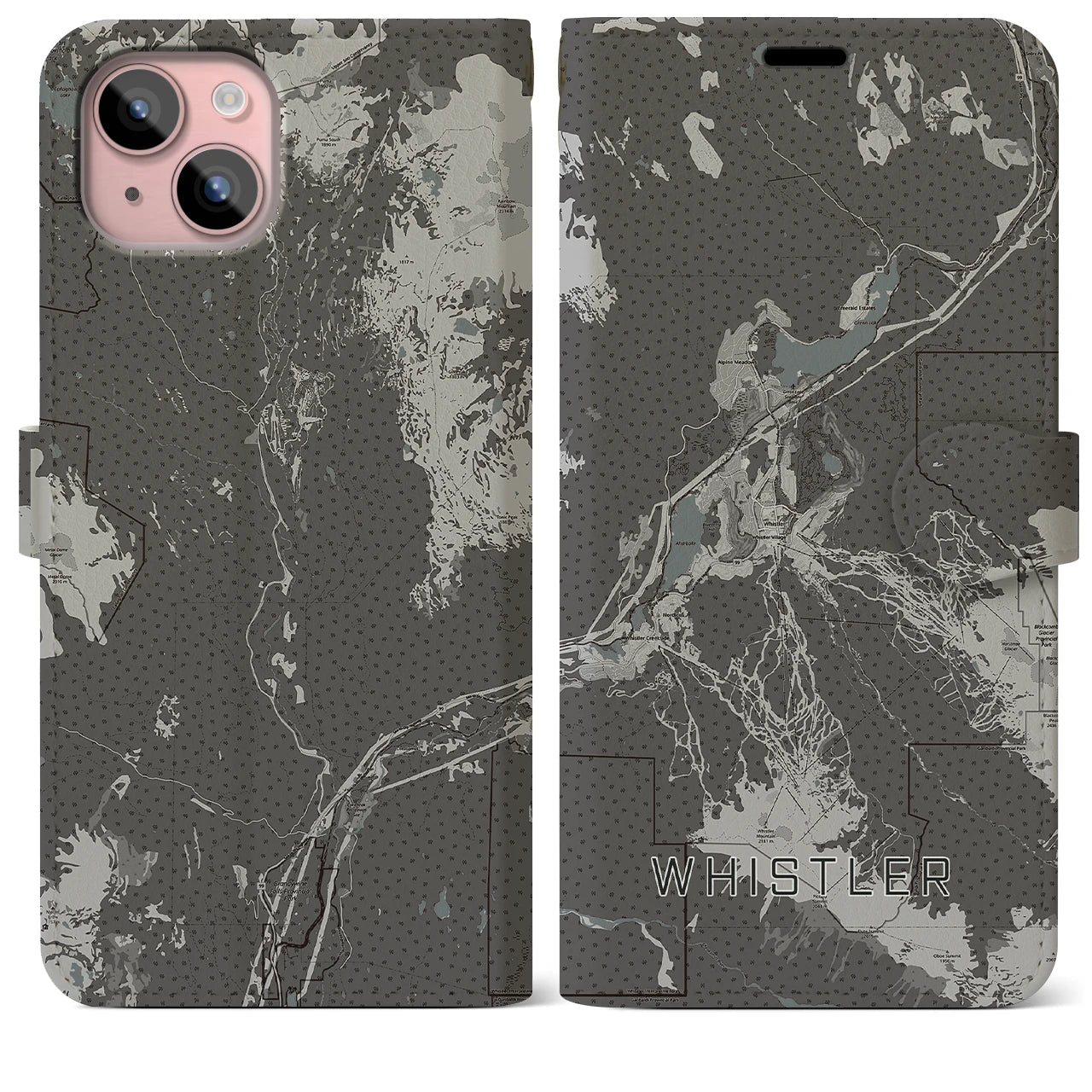 【ウィスラー(カナダ)】地図柄iPhoneケース(手帳タイプ)モノトーン・iPhone 15 Plus 用