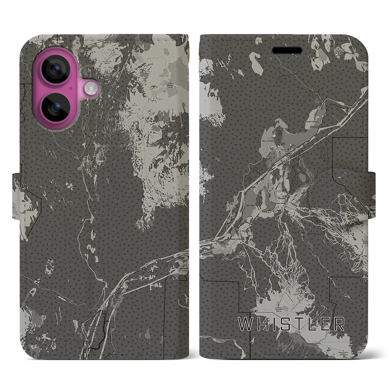 【ウィスラー(カナダ)】地図柄iPhoneケース(手帳タイプ)モノトーン・iPhone 16 Pro 用