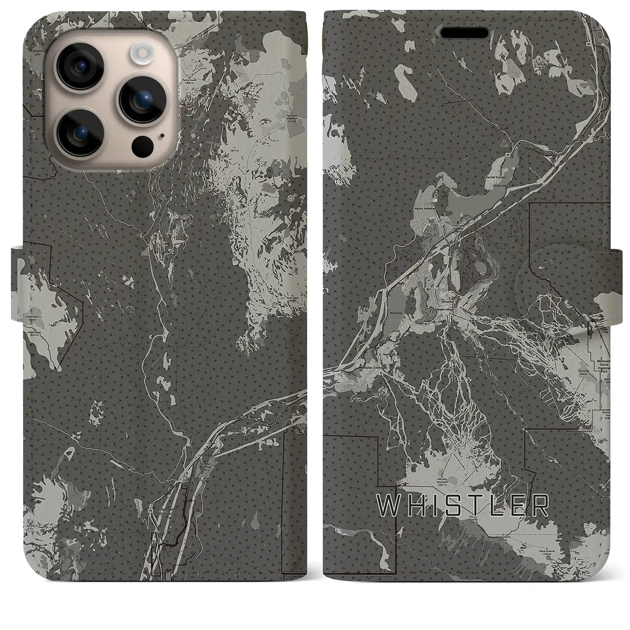 【ウィスラー(カナダ)】地図柄iPhoneケース(手帳タイプ)モノトーン・iPhone 16 Plus 用