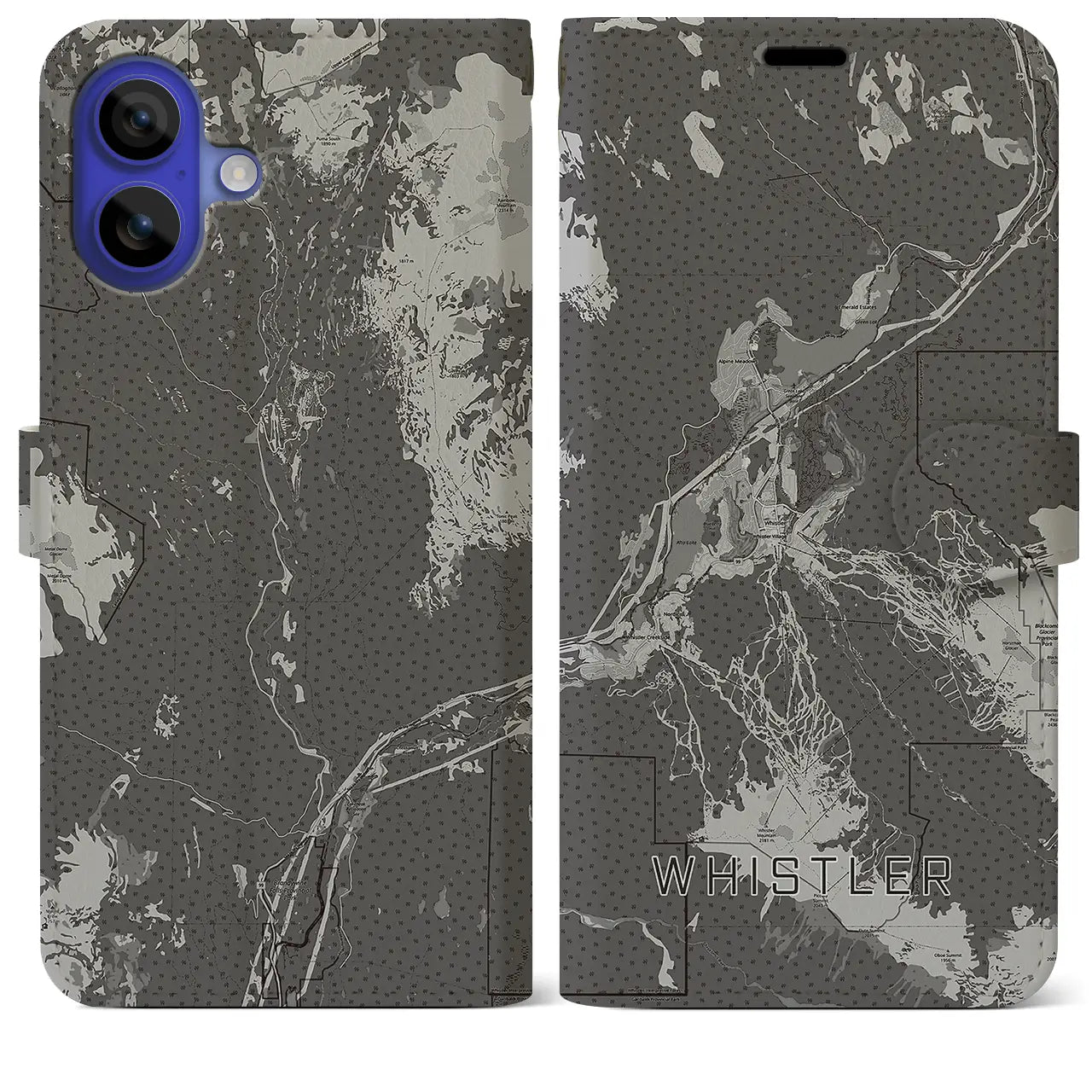 【ウィスラー(カナダ)】地図柄iPhoneケース(手帳タイプ)モノトーン・iPhone 16 Pro Max 用