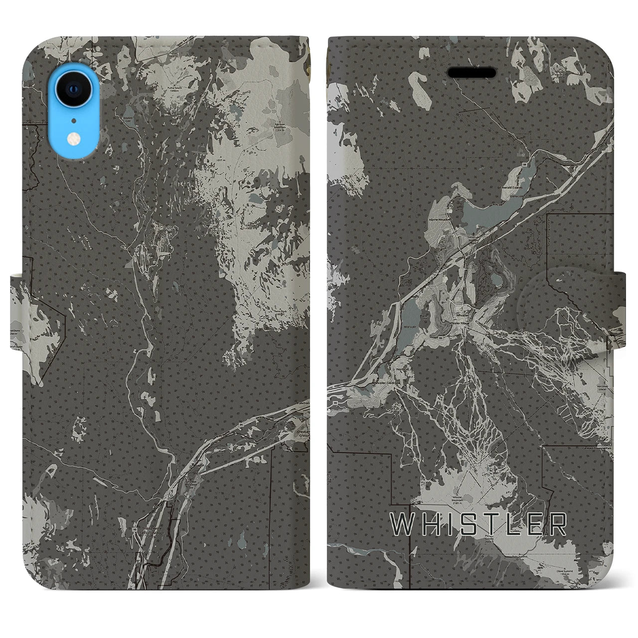 【ウィスラー(カナダ)】地図柄iPhoneケース(手帳タイプ)モノトーン・iPhone XR 用