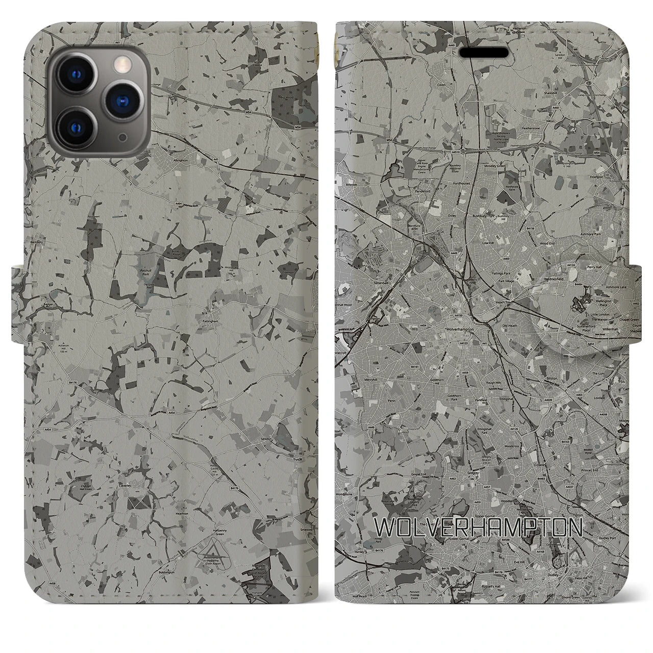 【ウルヴァーハンプトン(イギリス)】地図柄iPhoneケース(手帳タイプ)モノトーン・iPhone 11 Pro Max 用