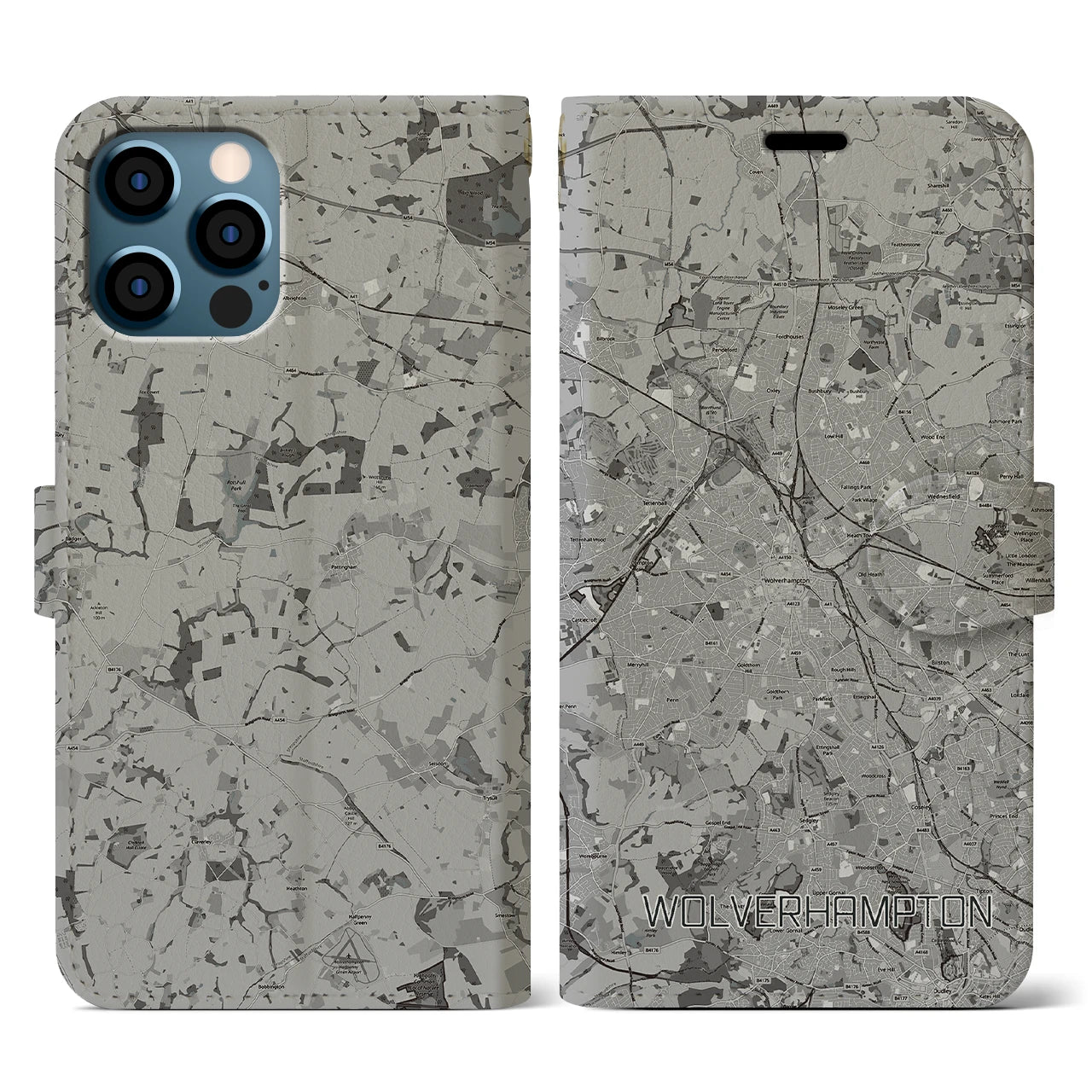 【ウルヴァーハンプトン(イギリス)】地図柄iPhoneケース(手帳タイプ)モノトーン・iPhone 12 / 12 Pro 用