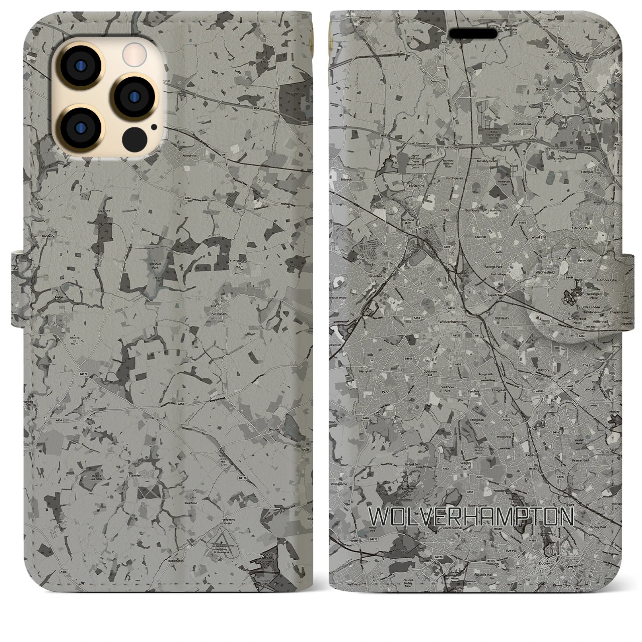 【ウルヴァーハンプトン(イギリス)】地図柄iPhoneケース(手帳タイプ)モノトーン・iPhone 12 Pro Max 用