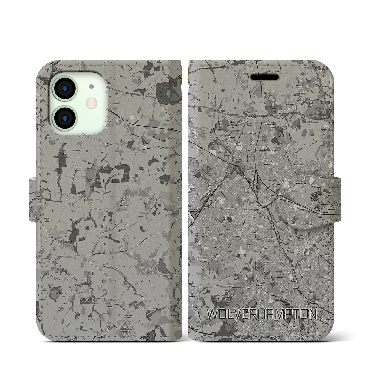 【ウルヴァーハンプトン(イギリス)】地図柄iPhoneケース(手帳タイプ)モノトーン・iPhone 12 mini 用