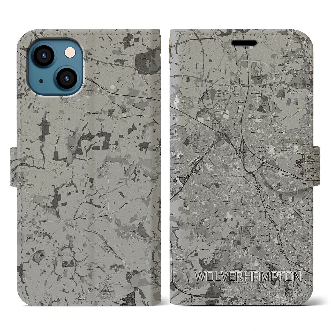 【ウルヴァーハンプトン(イギリス)】地図柄iPhoneケース(手帳タイプ)モノトーン・iPhone 13 用