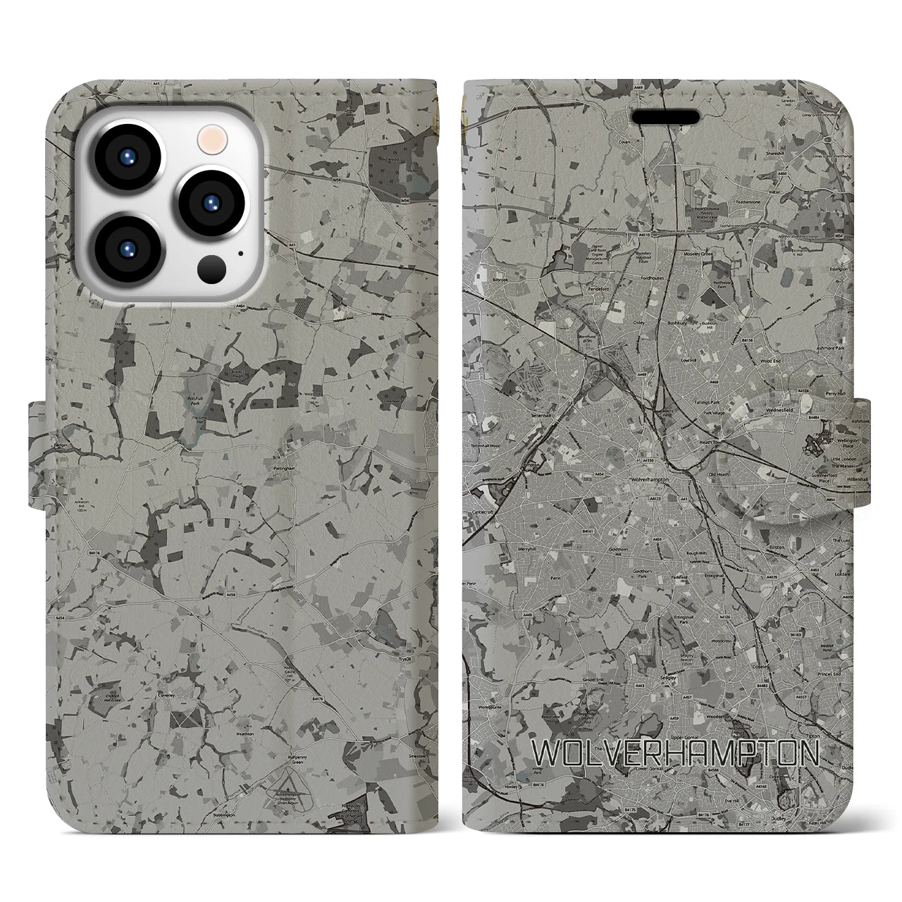 【ウルヴァーハンプトン(イギリス)】地図柄iPhoneケース(手帳タイプ)モノトーン・iPhone 13 Pro 用
