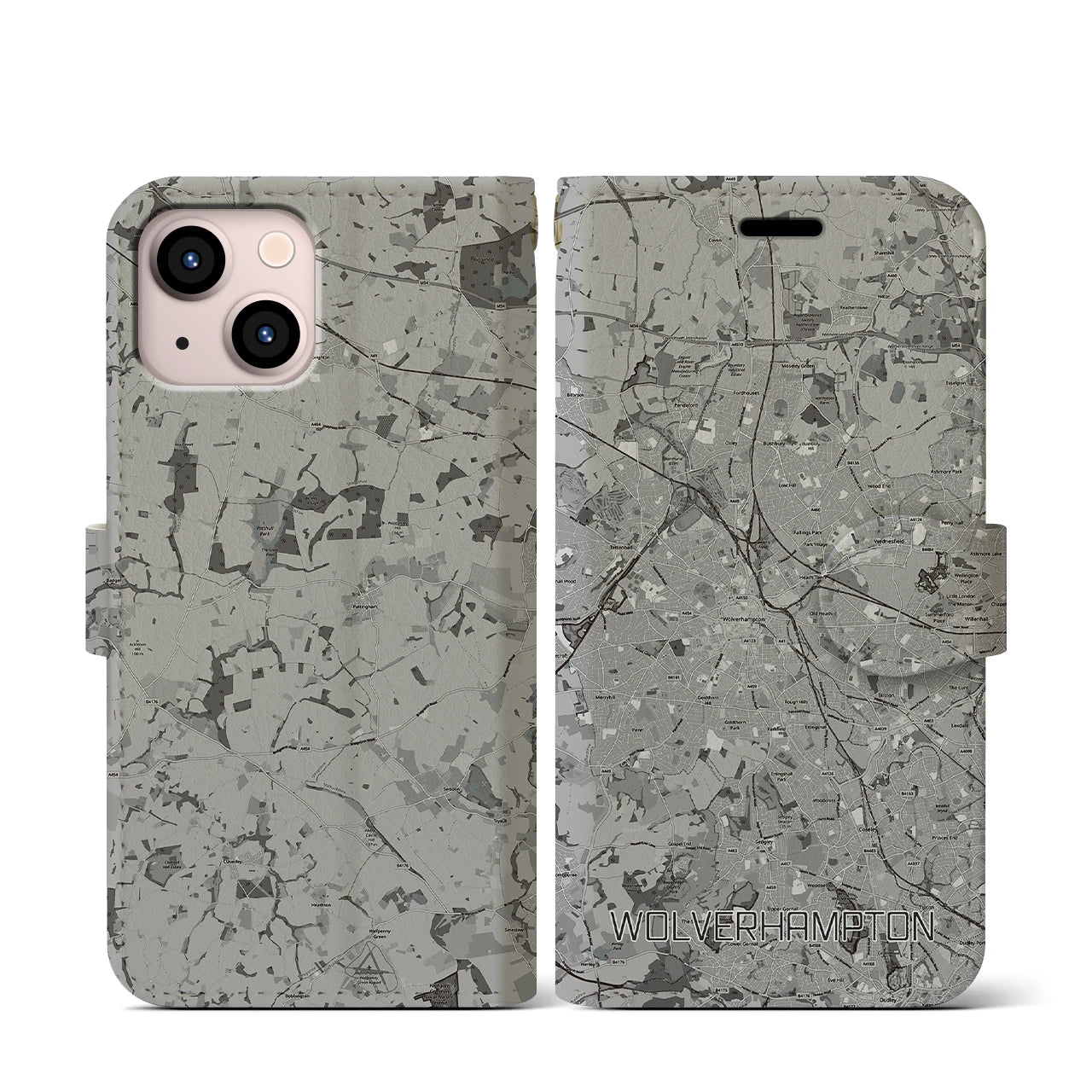 【ウルヴァーハンプトン(イギリス)】地図柄iPhoneケース(手帳タイプ)モノトーン・iPhone 13 mini 用