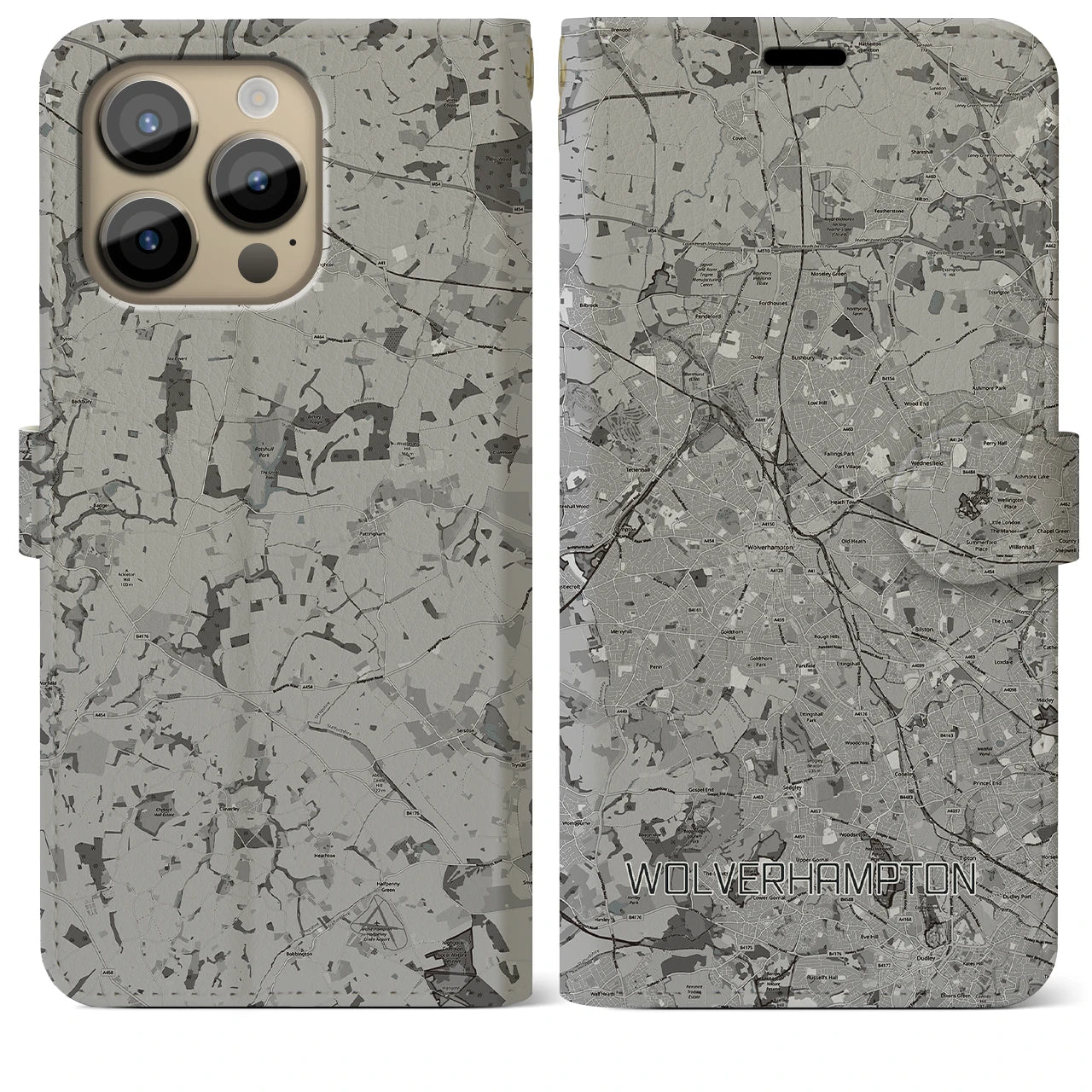 【ウルヴァーハンプトン(イギリス)】地図柄iPhoneケース(手帳タイプ)モノトーン・iPhone 14 Pro Max 用