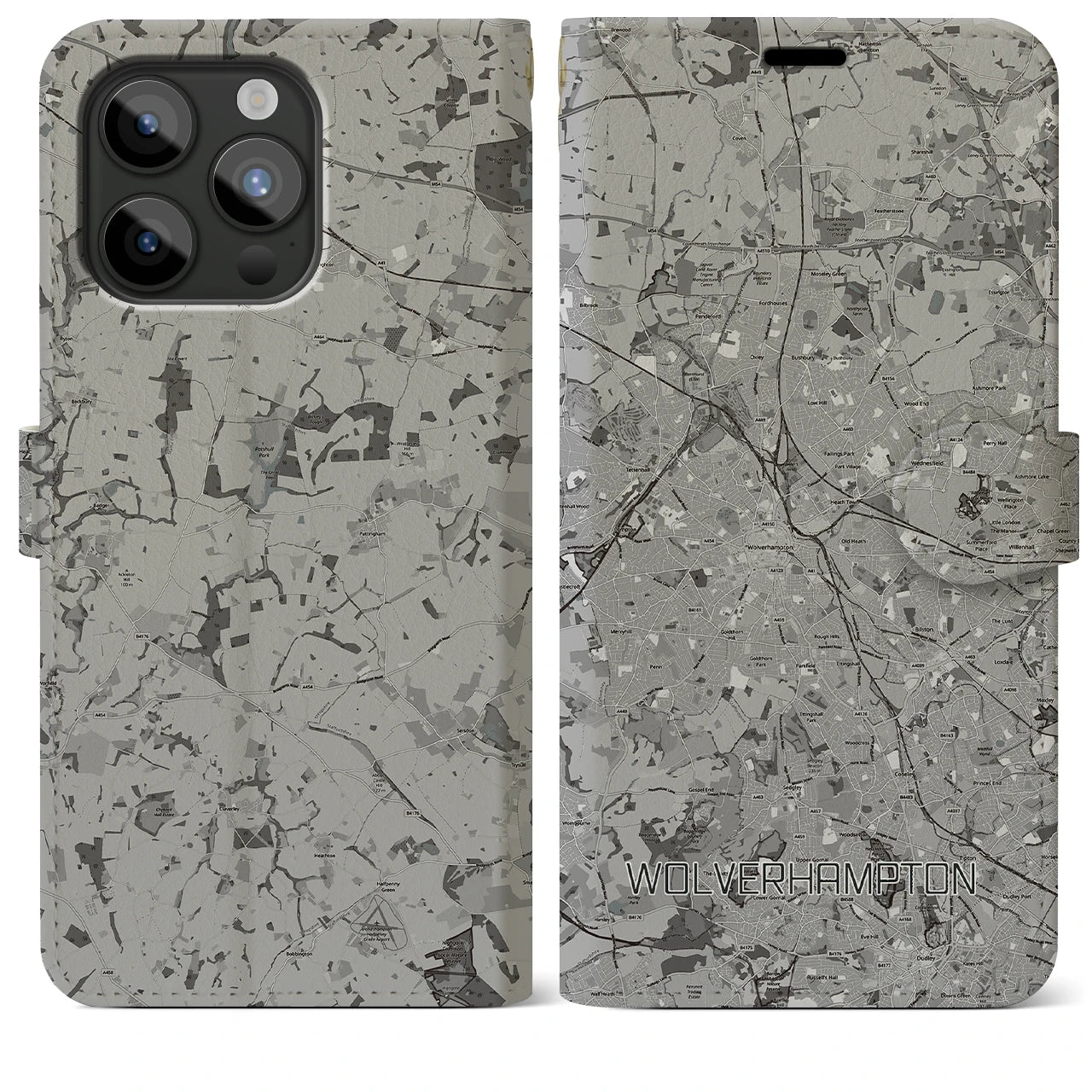 【ウルヴァーハンプトン(イギリス)】地図柄iPhoneケース(手帳タイプ)モノトーン・iPhone 15 Pro Max 用