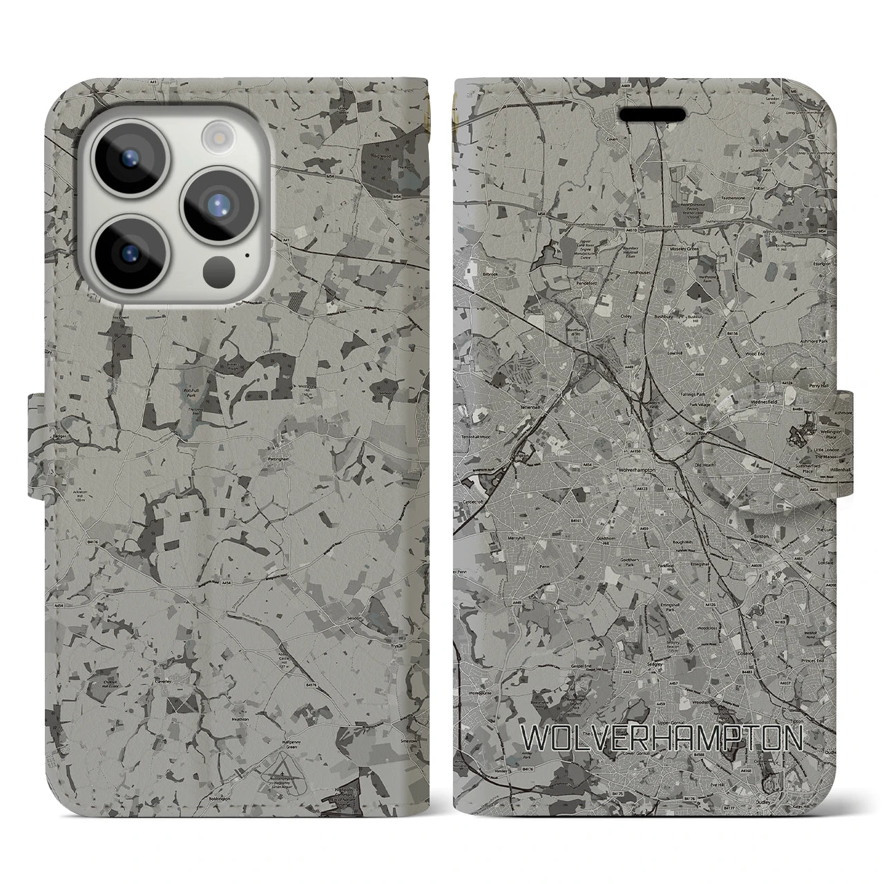 【ウルヴァーハンプトン(イギリス)】地図柄iPhoneケース(手帳タイプ)モノトーン・iPhone 15 Pro 用