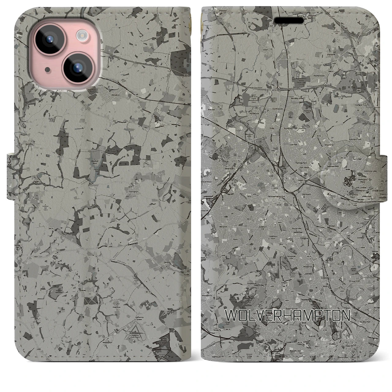 【ウルヴァーハンプトン(イギリス)】地図柄iPhoneケース(手帳タイプ)モノトーン・iPhone 15 Plus 用