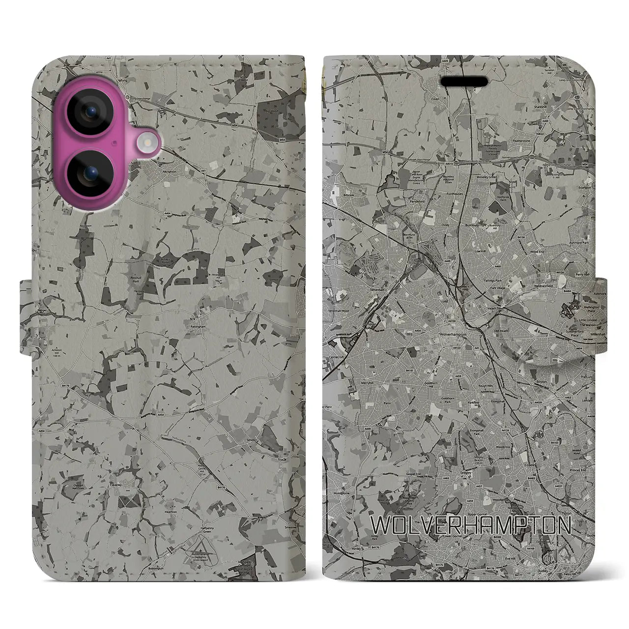 【ウルヴァーハンプトン(イギリス)】地図柄iPhoneケース(手帳タイプ)モノトーン・iPhone 16 Pro 用
