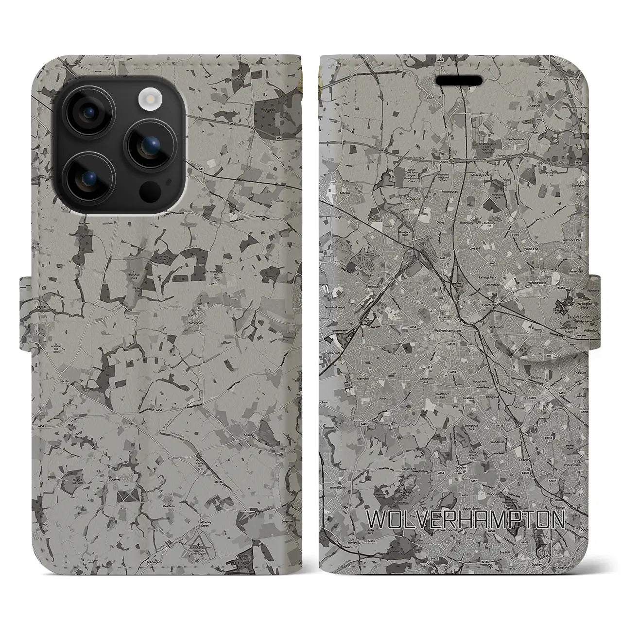 【ウルヴァーハンプトン(イギリス)】地図柄iPhoneケース(手帳タイプ)モノトーン・iPhone 16 用