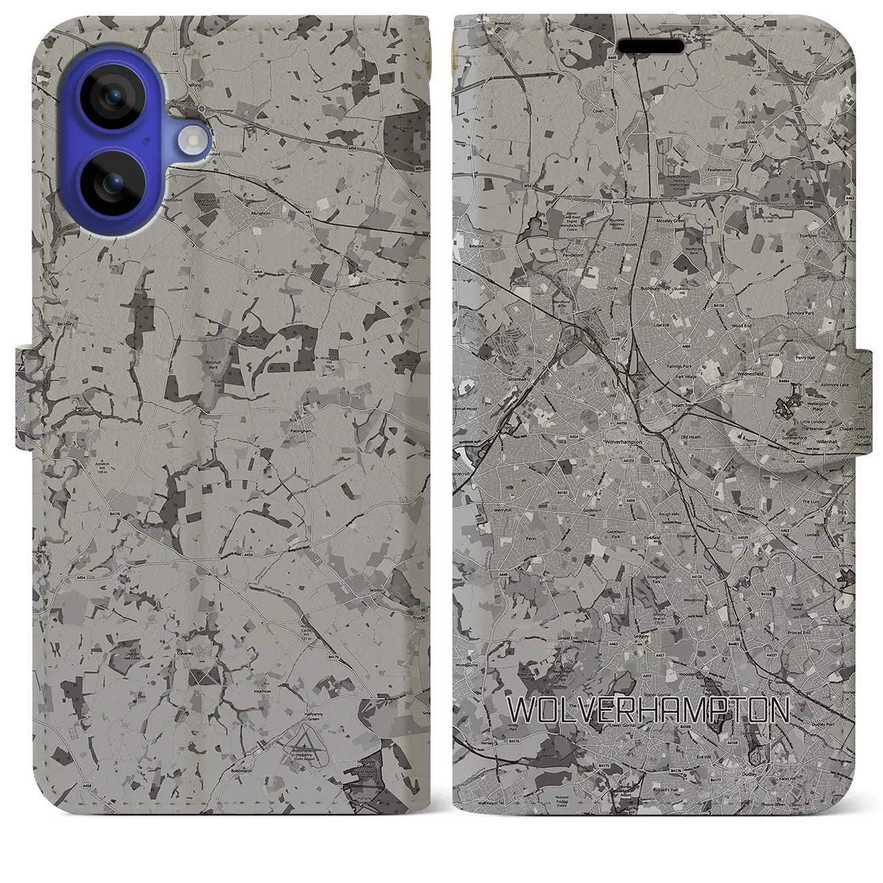 【ウルヴァーハンプトン(イギリス)】地図柄iPhoneケース(手帳タイプ)モノトーン・iPhone 16 Pro Max 用