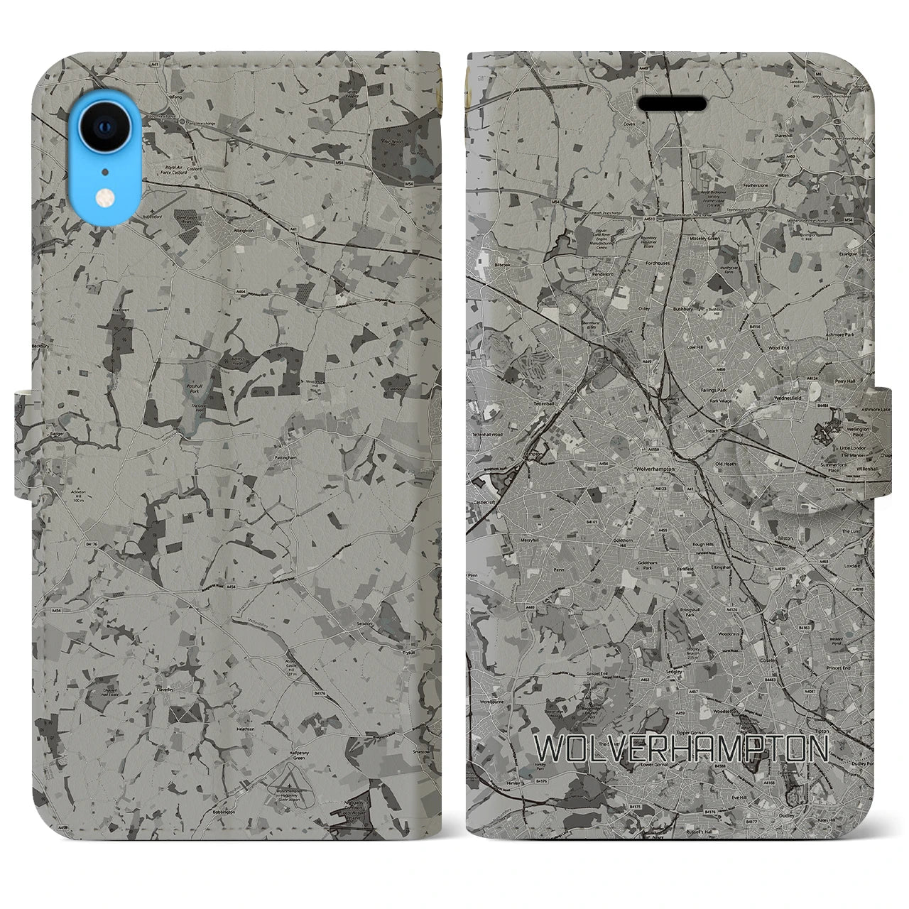 【ウルヴァーハンプトン(イギリス)】地図柄iPhoneケース(手帳タイプ)モノトーン・iPhone XR 用