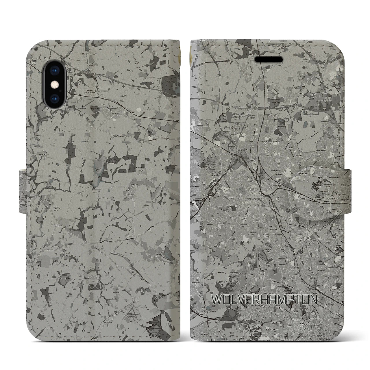 【ウルヴァーハンプトン(イギリス)】地図柄iPhoneケース(手帳タイプ)モノトーン・iPhone XS / X 用