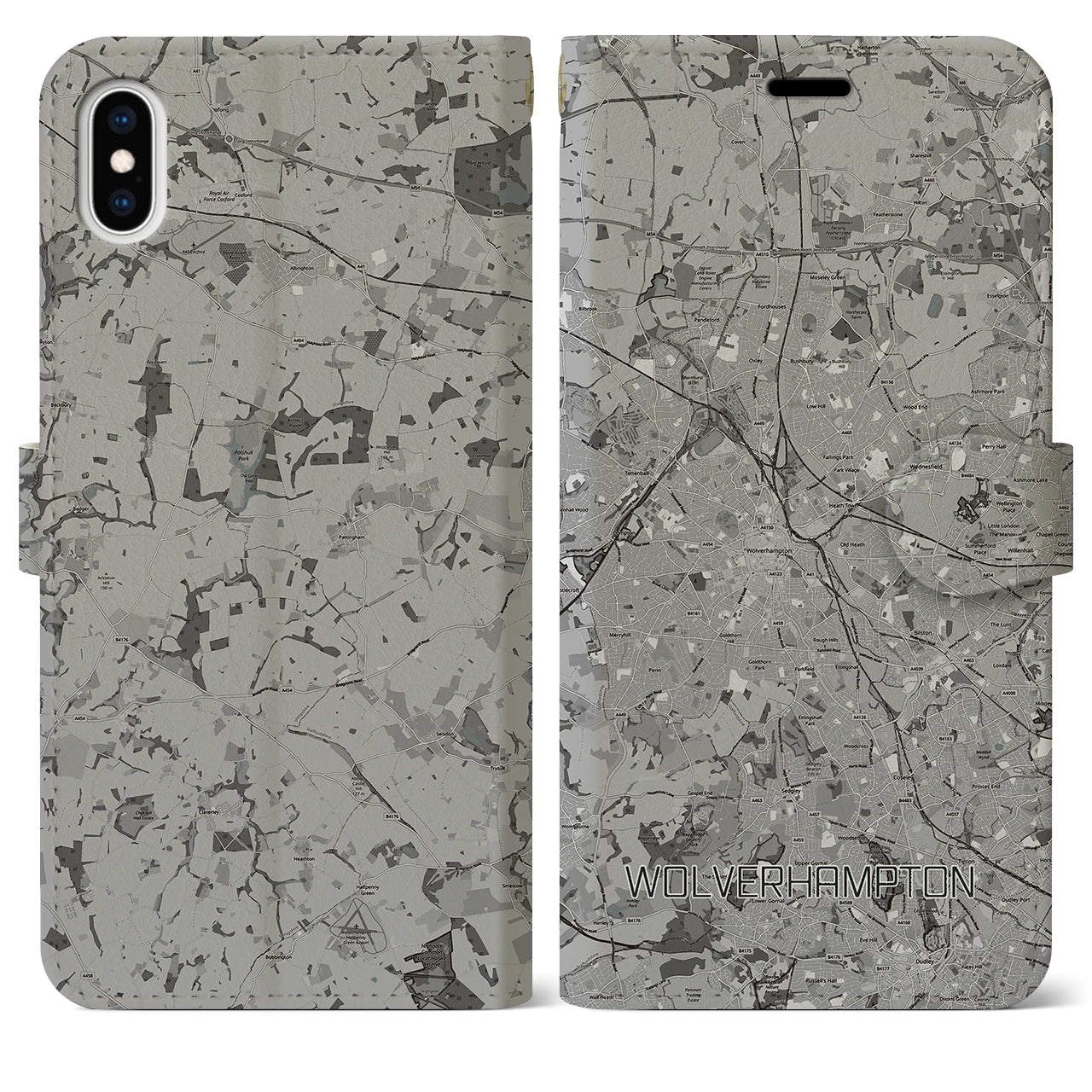 【ウルヴァーハンプトン(イギリス)】地図柄iPhoneケース(手帳タイプ)モノトーン・iPhone XS Max 用