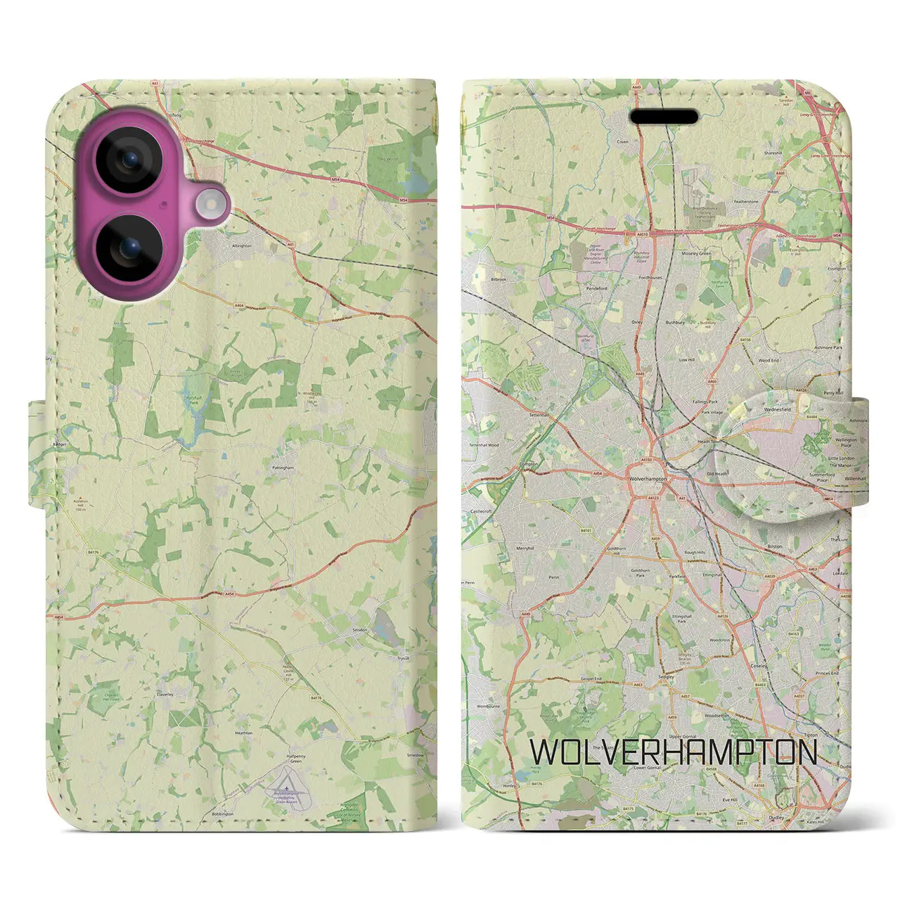 【ウルヴァーハンプトン(イギリス)】地図柄iPhoneケース(手帳タイプ)ナチュラル・iPhone 16 Pro 用