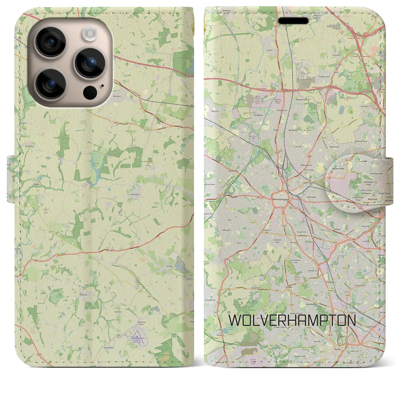 【ウルヴァーハンプトン(イギリス)】地図柄iPhoneケース(手帳タイプ)ナチュラル・iPhone 16 Plus 用