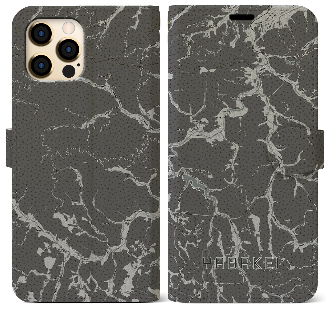 【耶馬渓(大分県)】地図柄iPhoneケース(手帳タイプ)モノトーン・iPhone 12 Pro Max 用