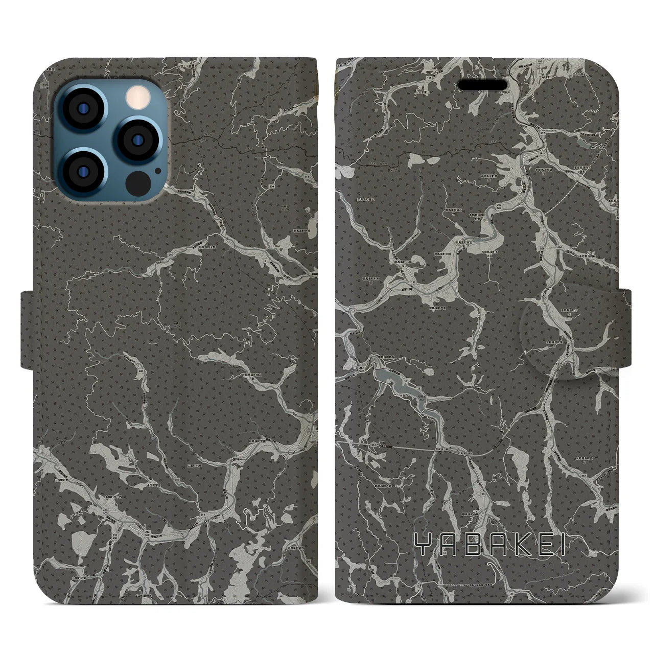 【耶馬渓(大分県)】地図柄iPhoneケース(手帳タイプ)モノトーン・iPhone 12 / 12 Pro 用