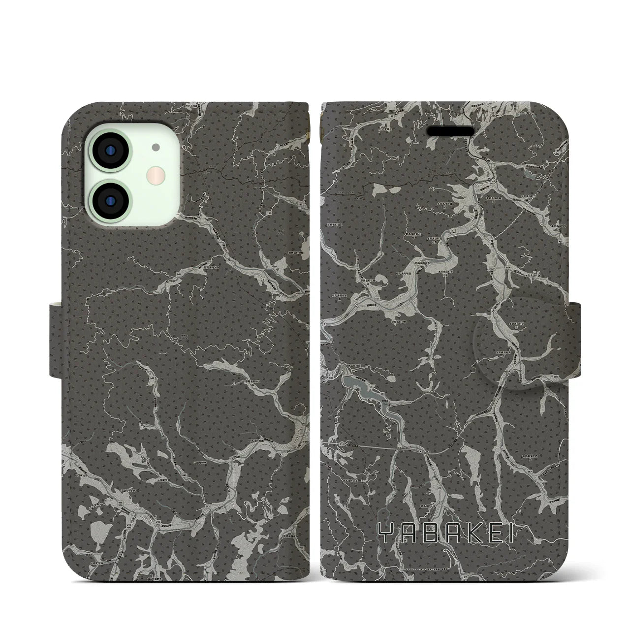 【耶馬渓(大分県)】地図柄iPhoneケース(手帳タイプ)モノトーン・iPhone 12 mini 用