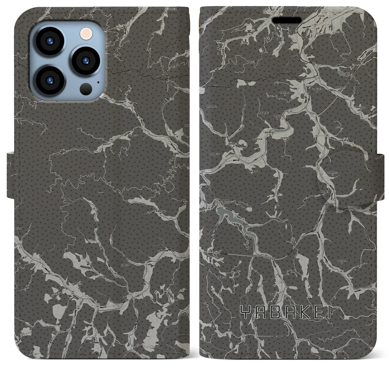 【耶馬渓(大分県)】地図柄iPhoneケース(手帳タイプ)モノトーン・iPhone 13 Pro Max 用