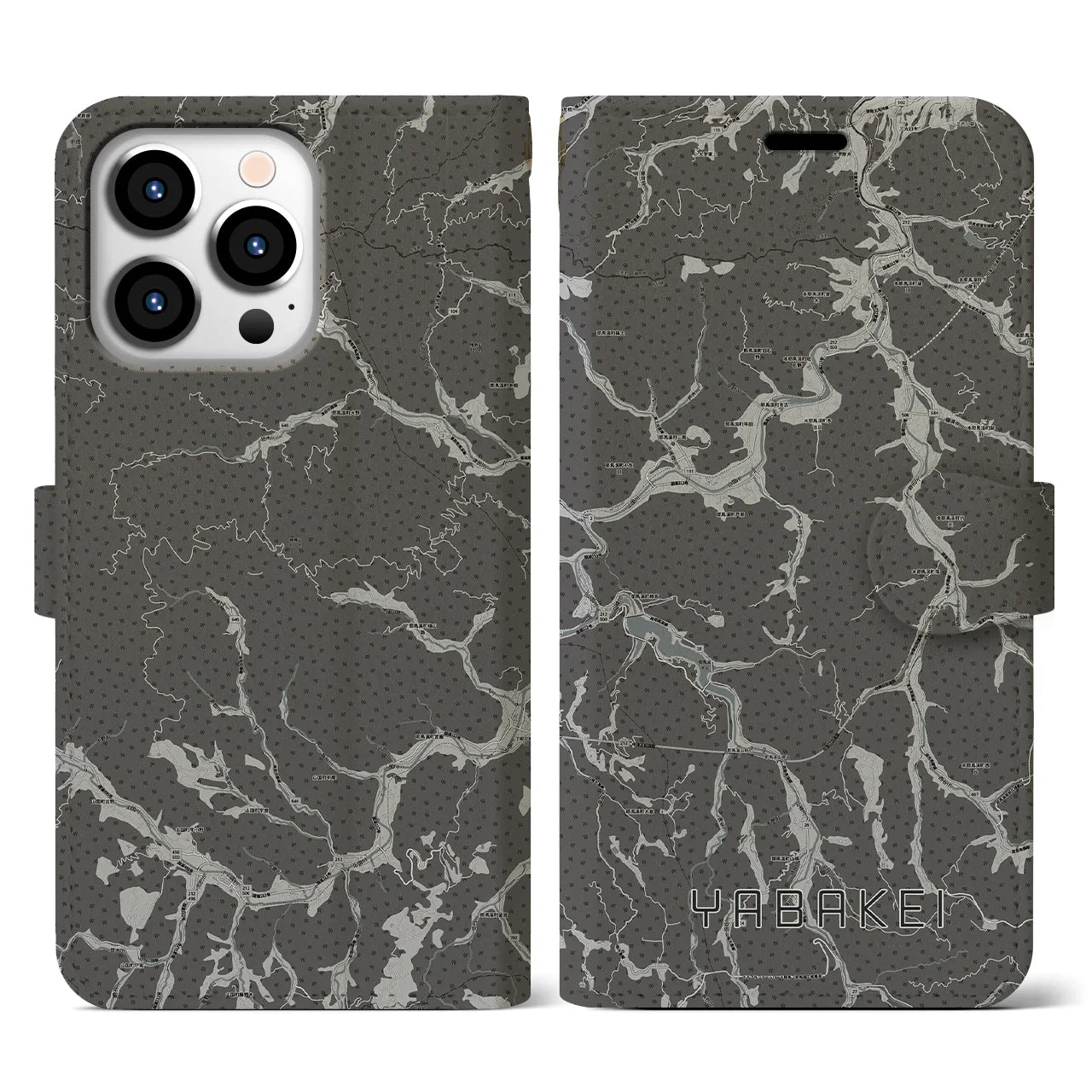 【耶馬渓(大分県)】地図柄iPhoneケース(手帳タイプ)モノトーン・iPhone 13 Pro 用