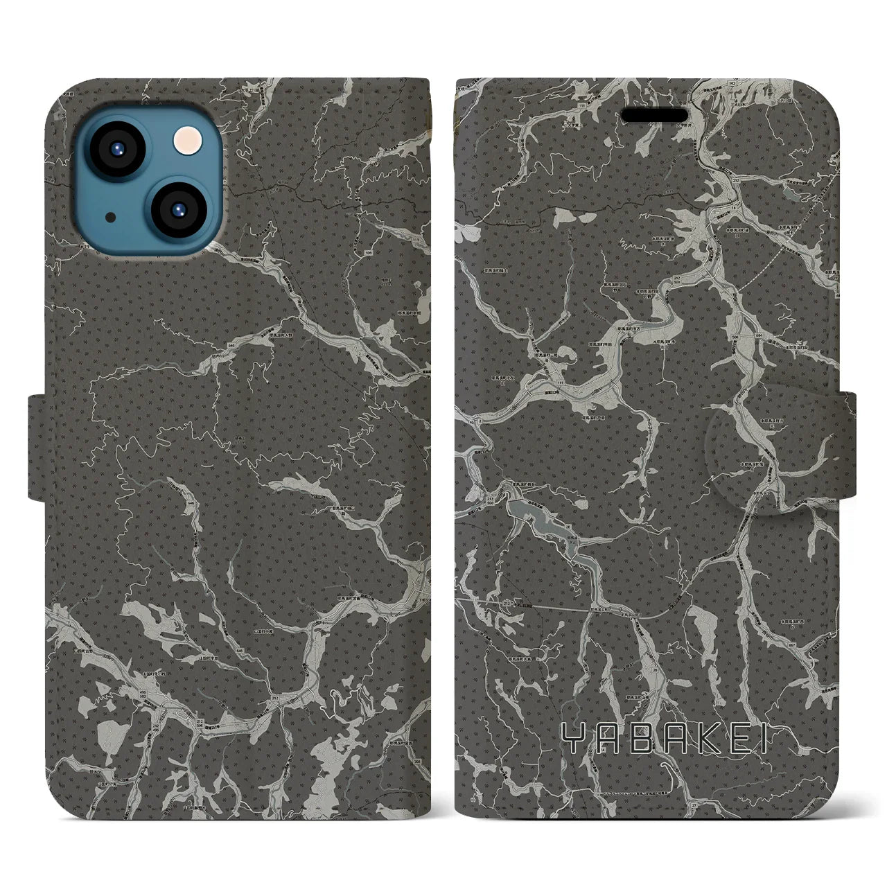 【耶馬渓(大分県)】地図柄iPhoneケース(手帳タイプ)モノトーン・iPhone 13 用