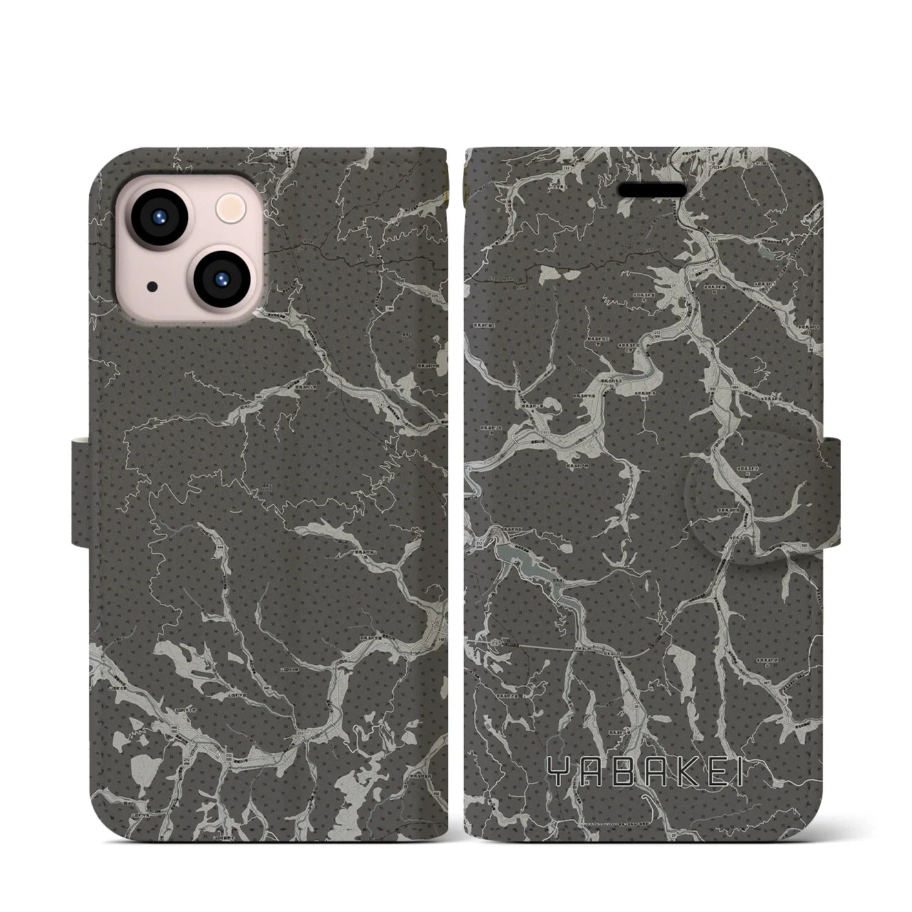 【耶馬渓(大分県)】地図柄iPhoneケース(手帳タイプ)モノトーン・iPhone 13 mini 用