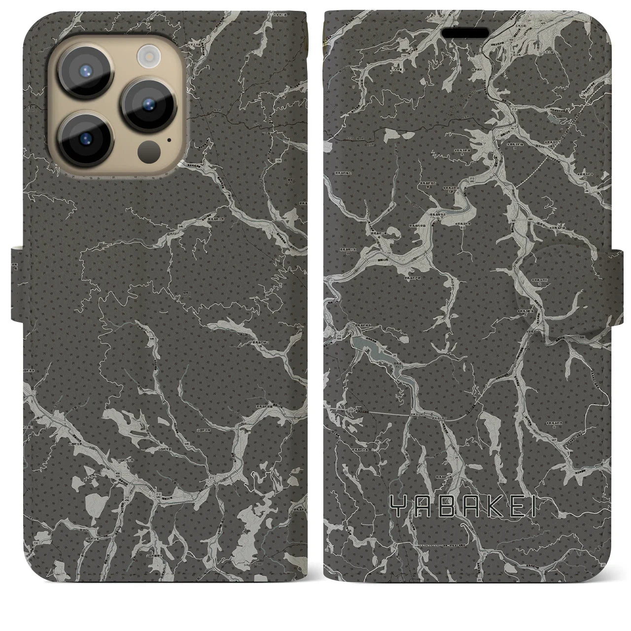 【耶馬渓(大分県)】地図柄iPhoneケース(手帳タイプ)モノトーン・iPhone 14 Pro Max 用