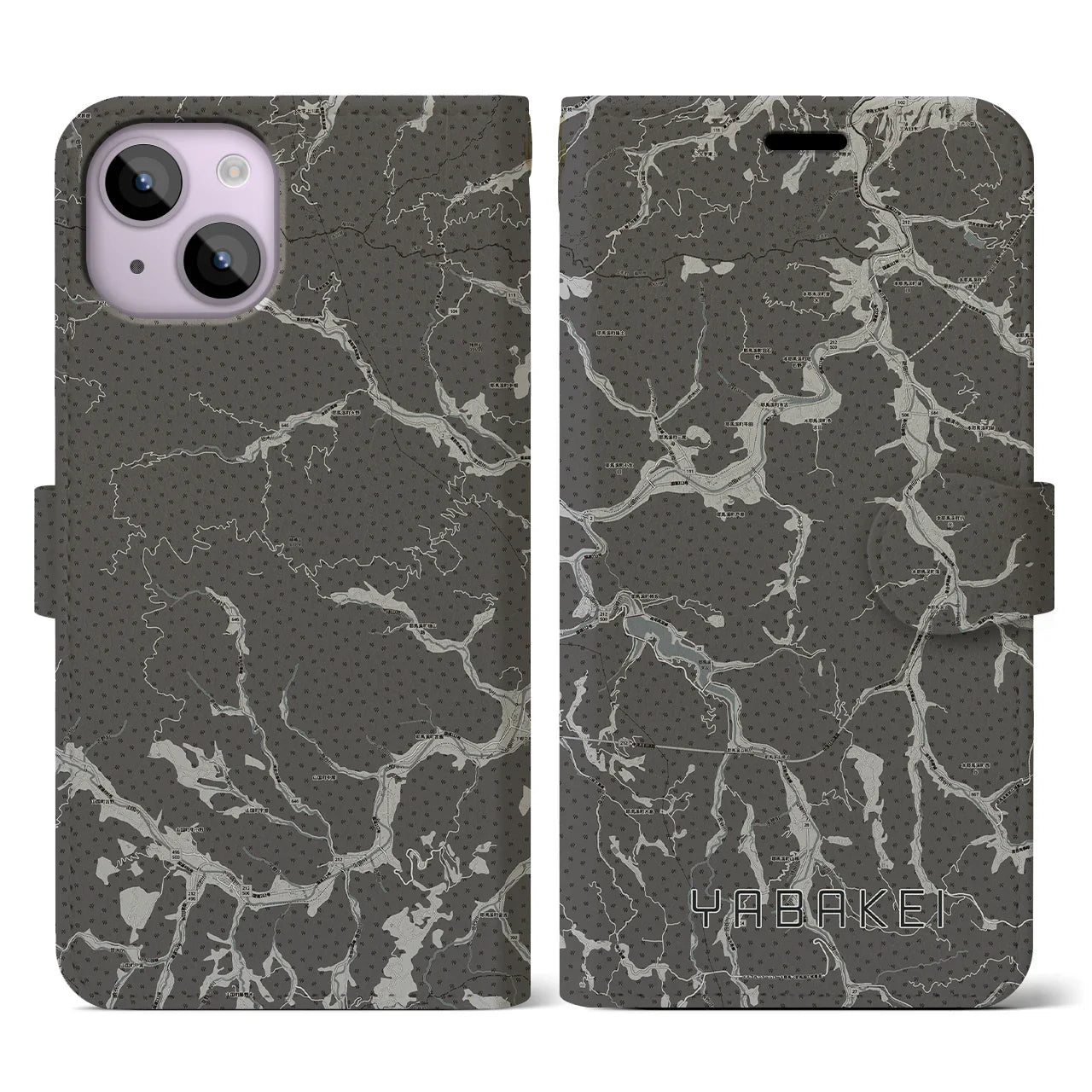 【耶馬渓(大分県)】地図柄iPhoneケース(手帳タイプ)モノトーン・iPhone 14 用