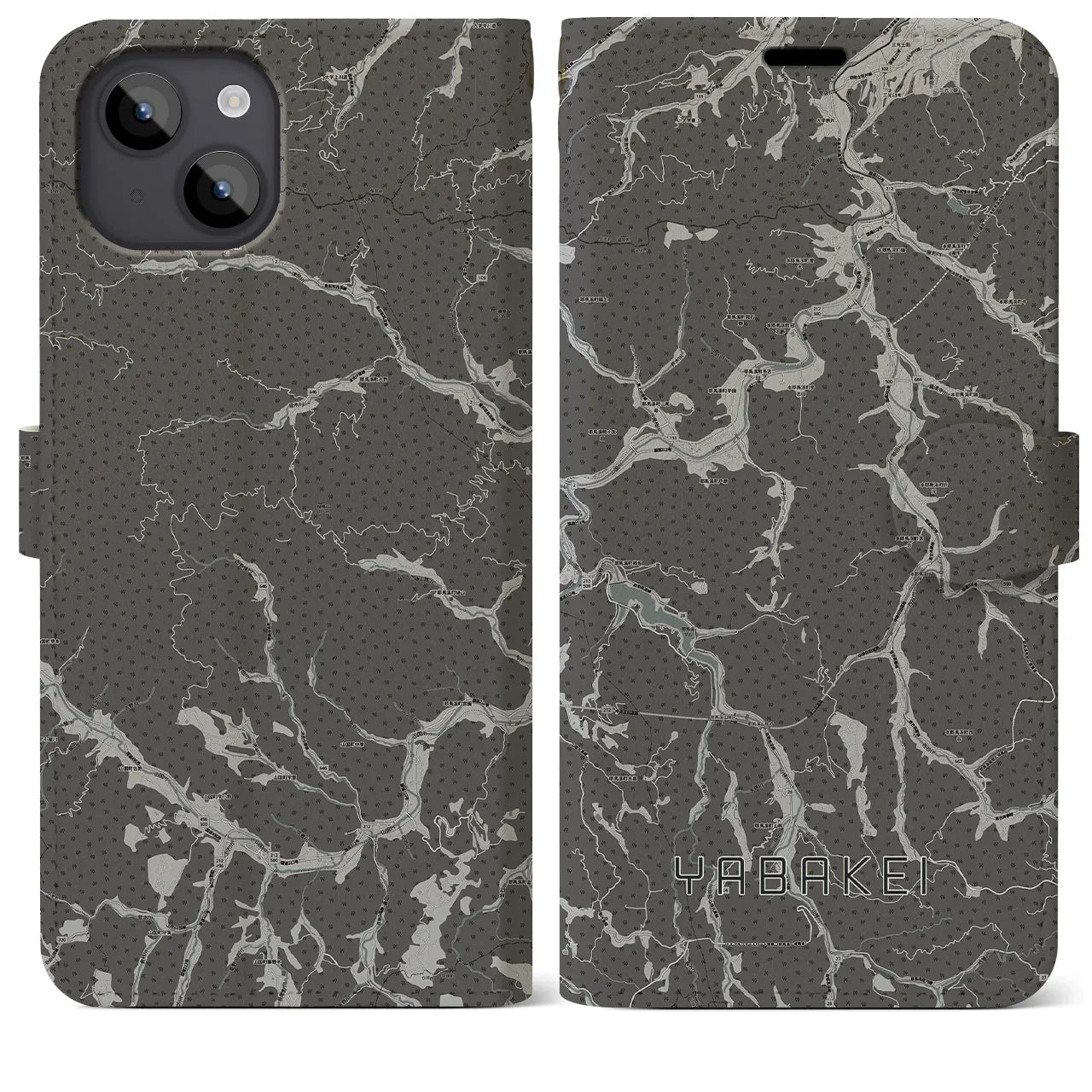【耶馬渓(大分県)】地図柄iPhoneケース(手帳タイプ)モノトーン・iPhone 14 Plus 用