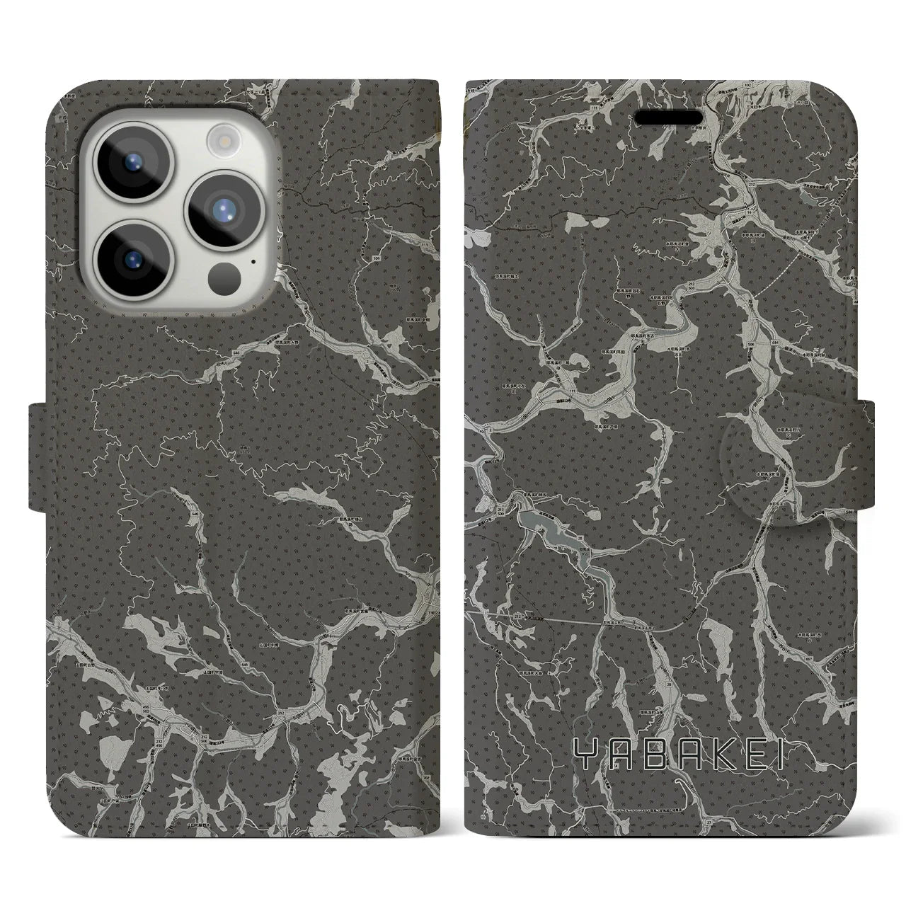 【耶馬渓(大分県)】地図柄iPhoneケース(手帳タイプ)モノトーン・iPhone 15 Pro 用