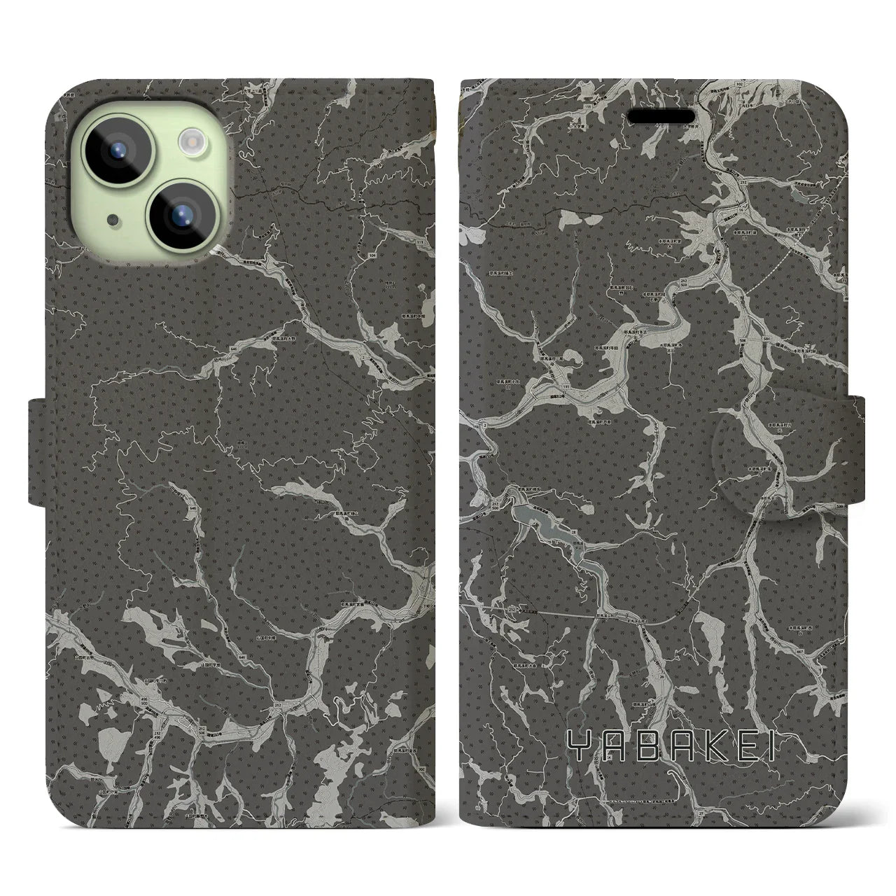 【耶馬渓(大分県)】地図柄iPhoneケース(手帳タイプ)モノトーン・iPhone 15 用