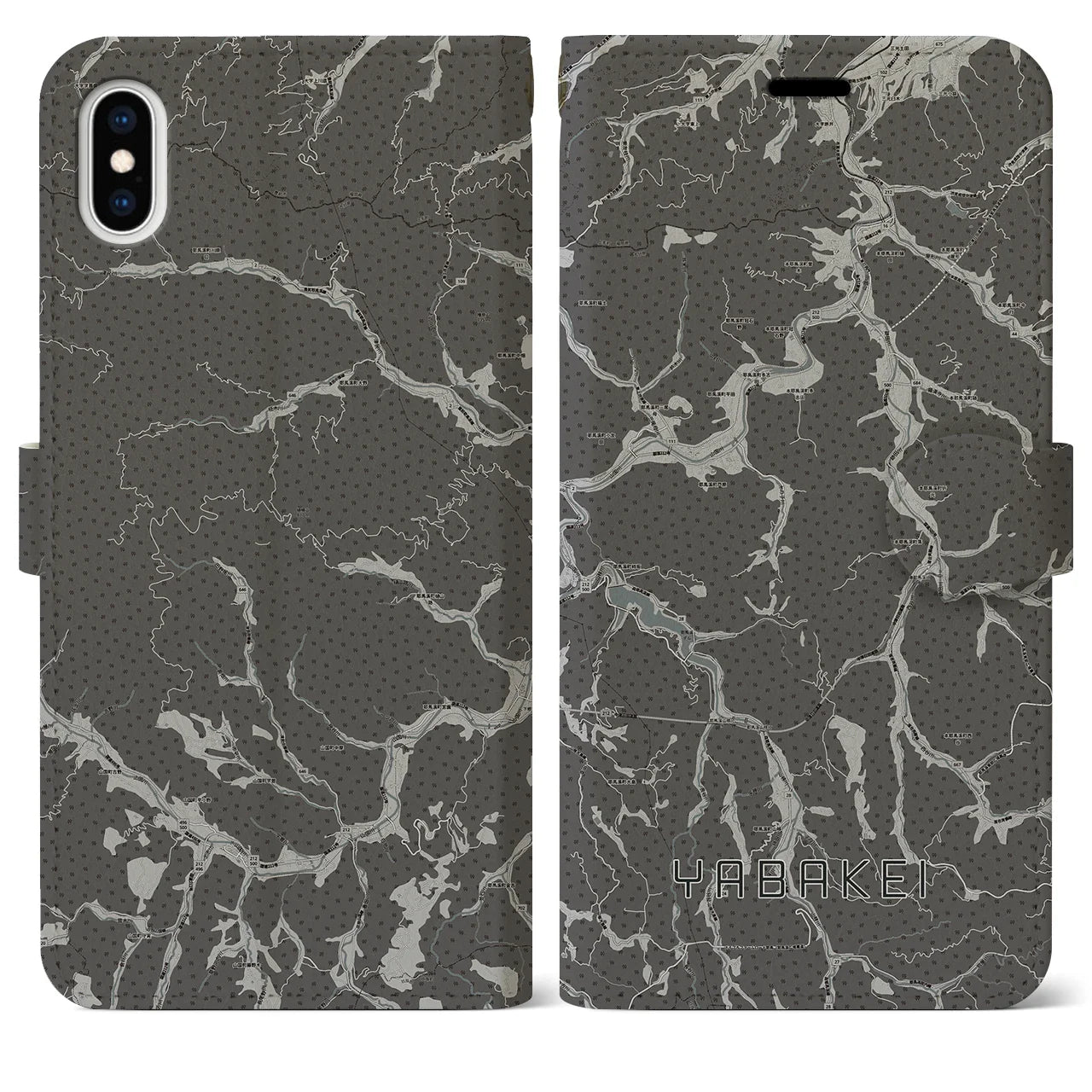 【耶馬渓(大分県)】地図柄iPhoneケース(手帳タイプ)モノトーン・iPhone XS Max 用