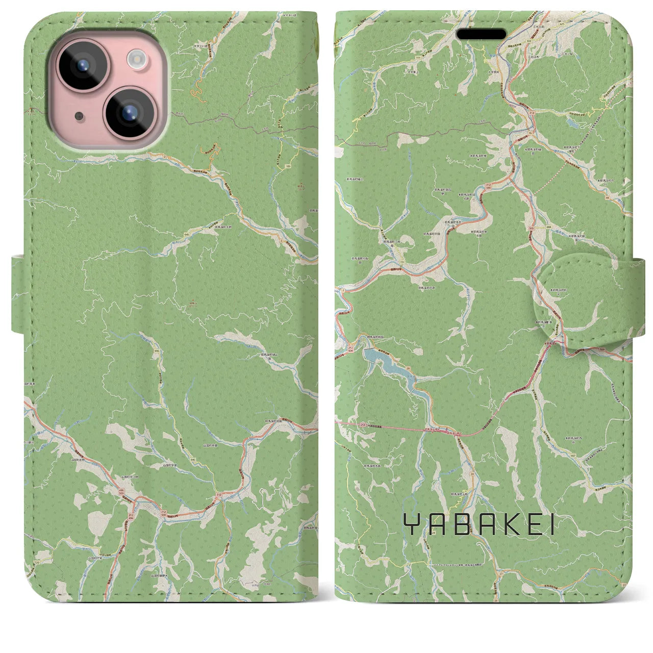【耶馬渓(大分県)】地図柄iPhoneケース(手帳タイプ)ナチュラル・iPhone 15 Plus 用